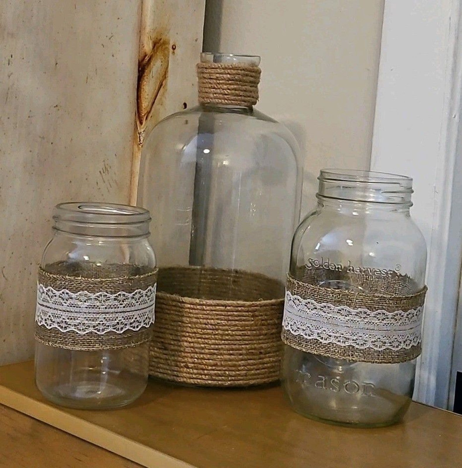 Rustic Country Chic Burlap & Lace Glass Bottle & 2 Mason Jar Decor Set