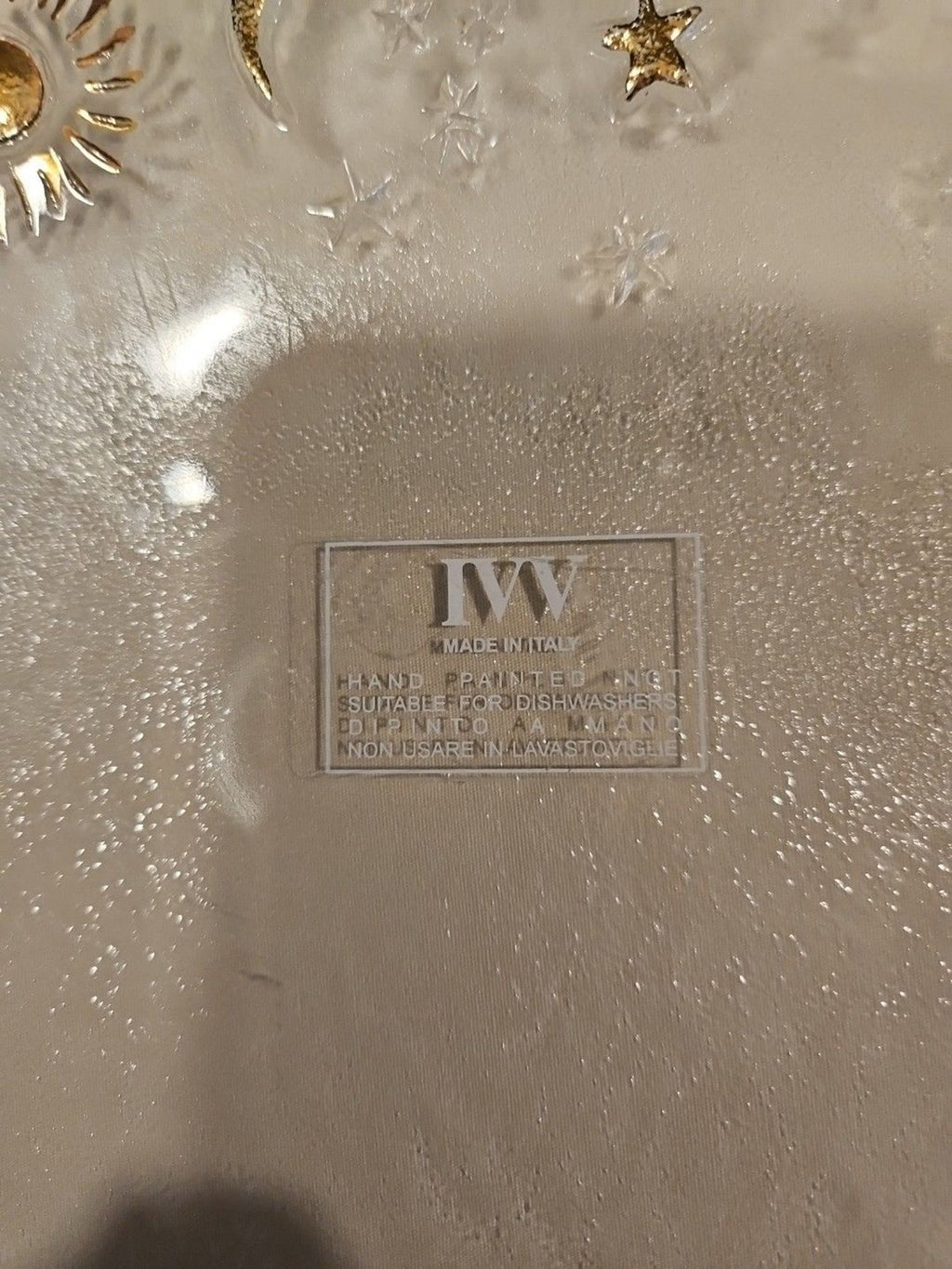 IVV Hand Painted Clear Glass Celestial Moon, Stars, Sun Plate 13.5" Gold Accents