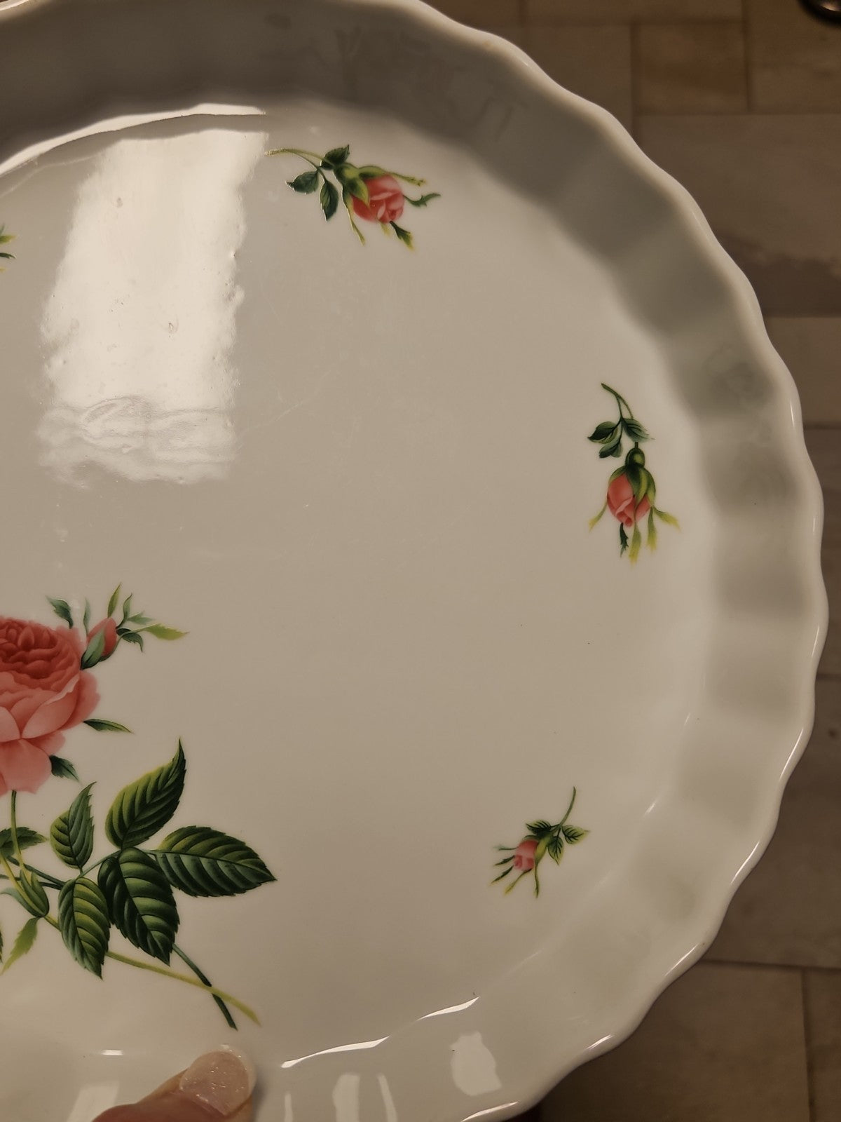 Vintage Christineholm Porcelain Rose Pie/Quiche Baking Dish w/ Scalloped edges