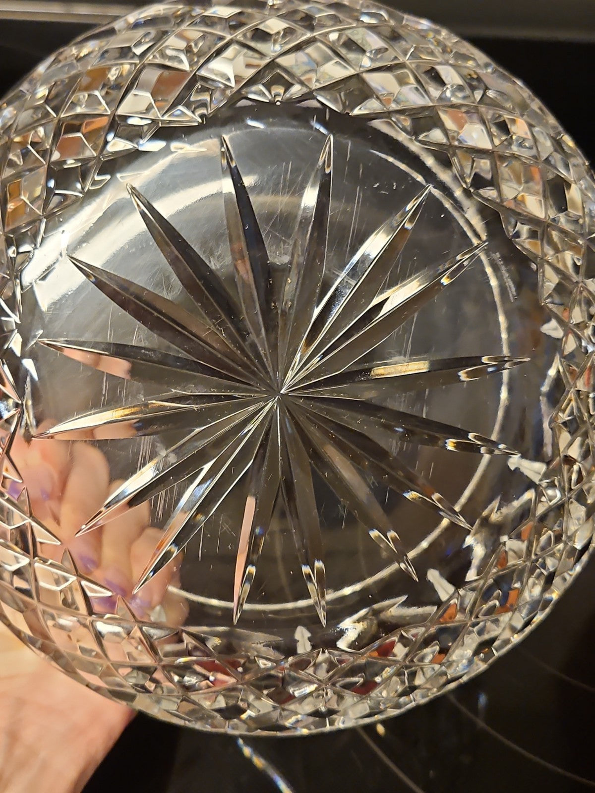 Vintage Irish Heritage Style Hand Cut Crystal Bowl 7.25" Laurel Leaf Starburst