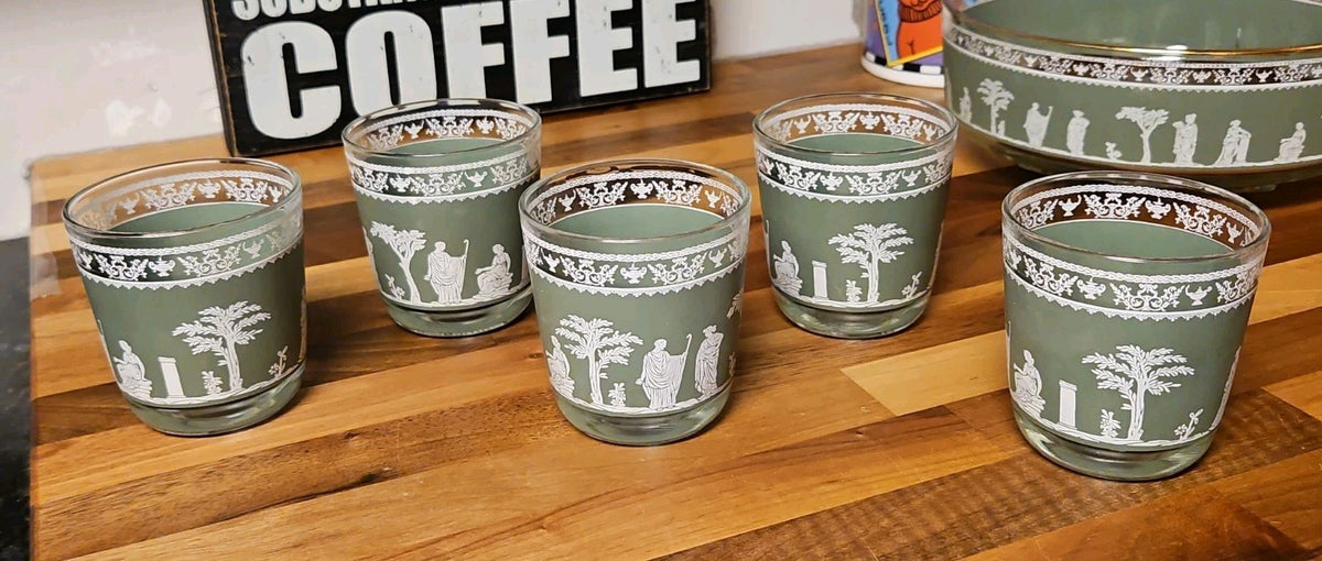 Vintage MCM Jeannette Glass Hellenic Green Grecian Serving Bowl With 5 Tumblers