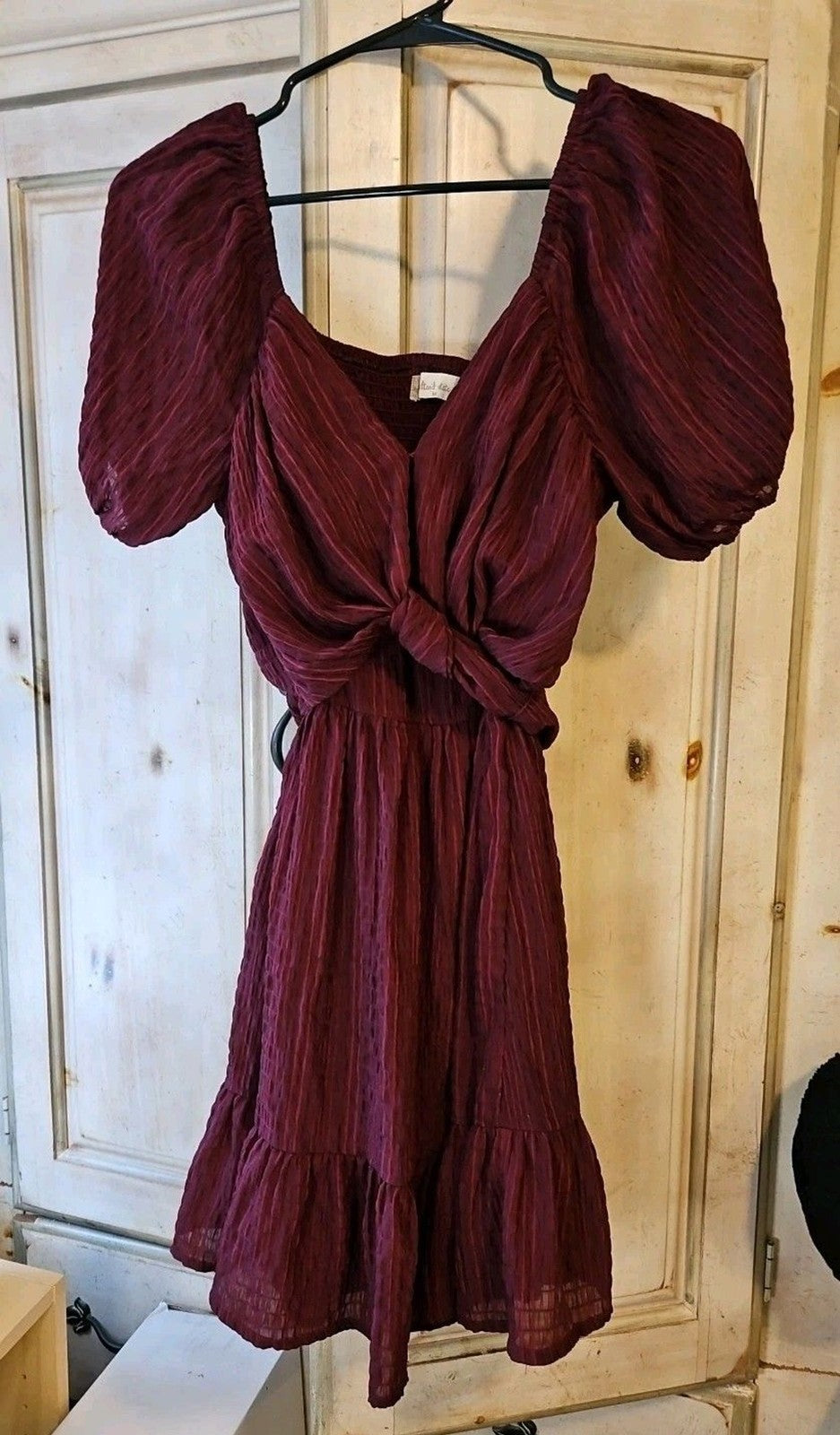 Altar'd State Burgundy Mini Dress, Sz M, Puffed Sleeves, Tie Back, Ruffle Hem
