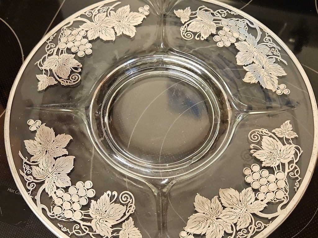 Vintage Glass Serving 11.5" Platter With Silver Grape Vine & Leaves Design