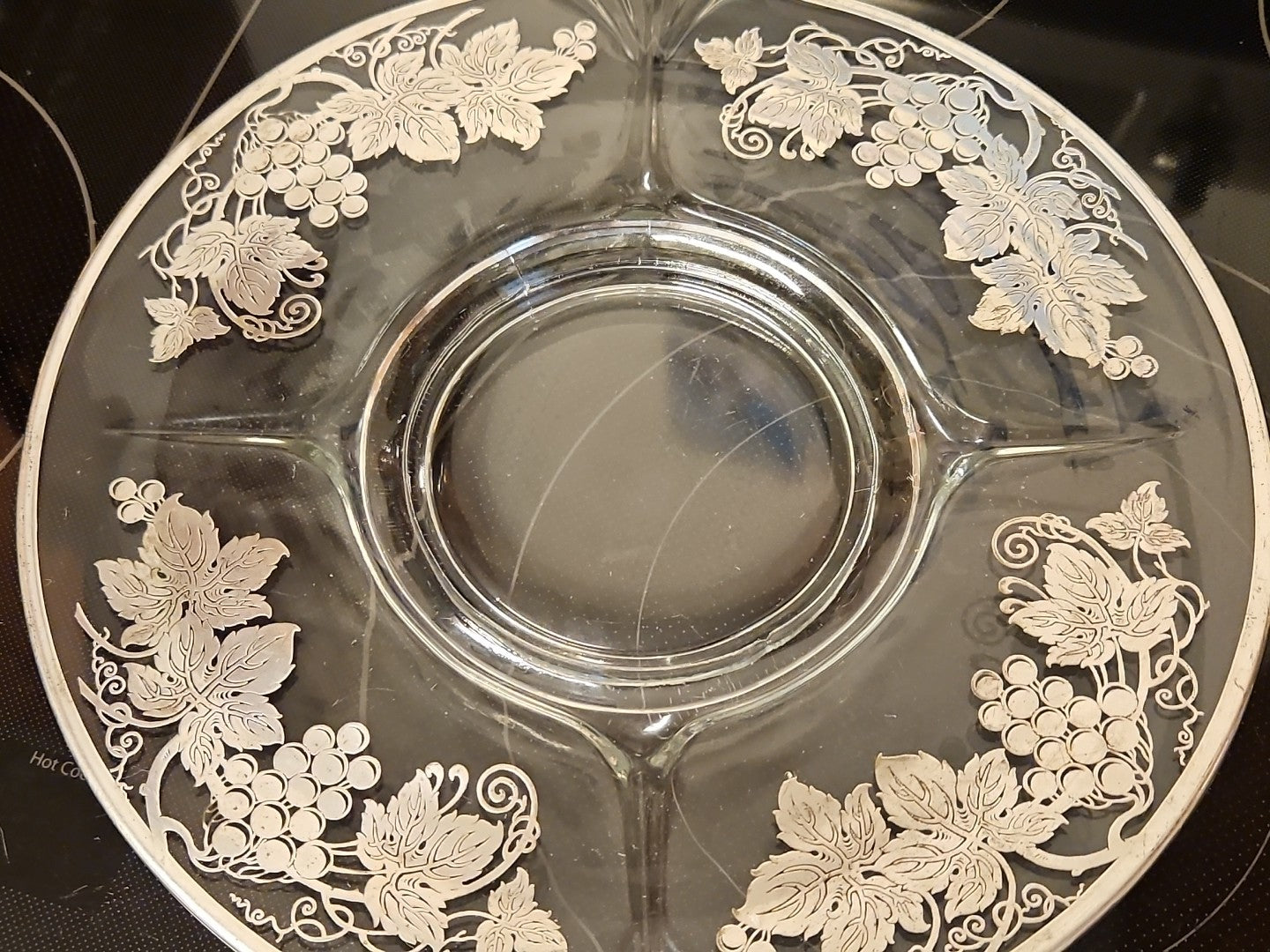 Vintage Glass Serving 11.5" Platter With Silver Grape Vine & Leaves Design