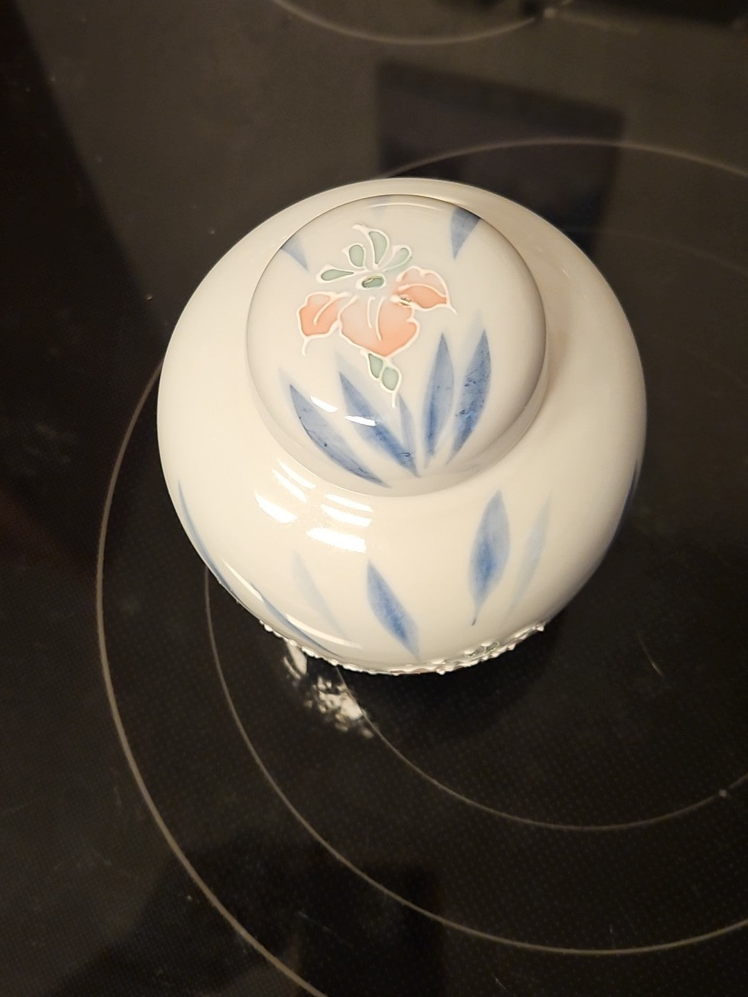 Vintage Chinoiserie Ginger Jar W/ Lid White & Blue W/ Pink Flowers Raised Detail