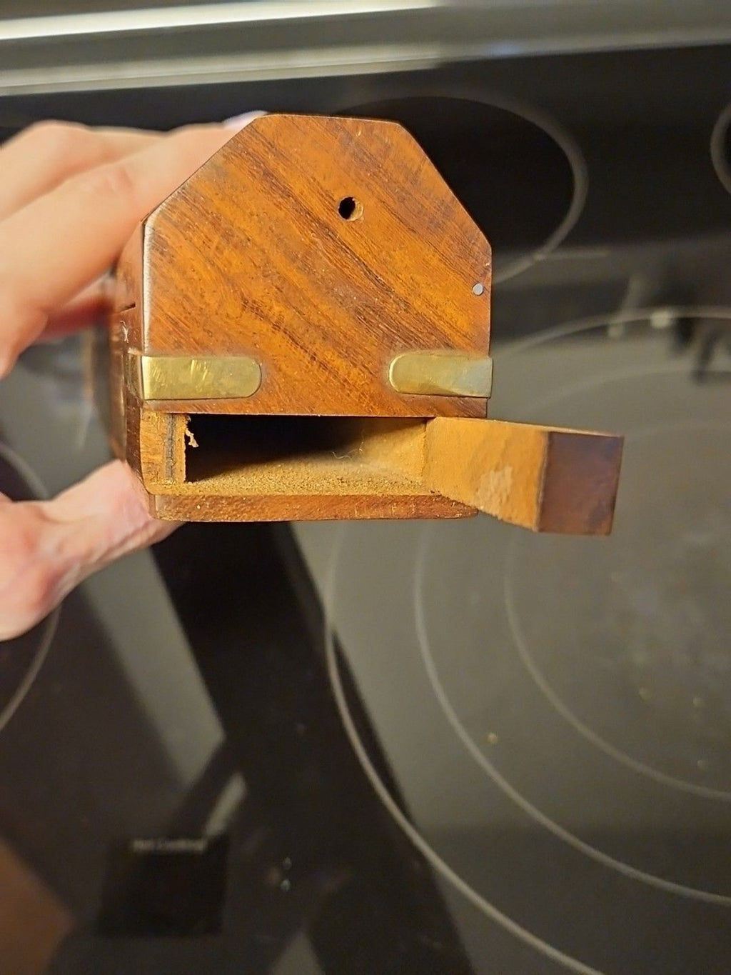 Vintage Wooden Incense Holder Brass Inlaid Stars & Moon w/ Hidden Compartment