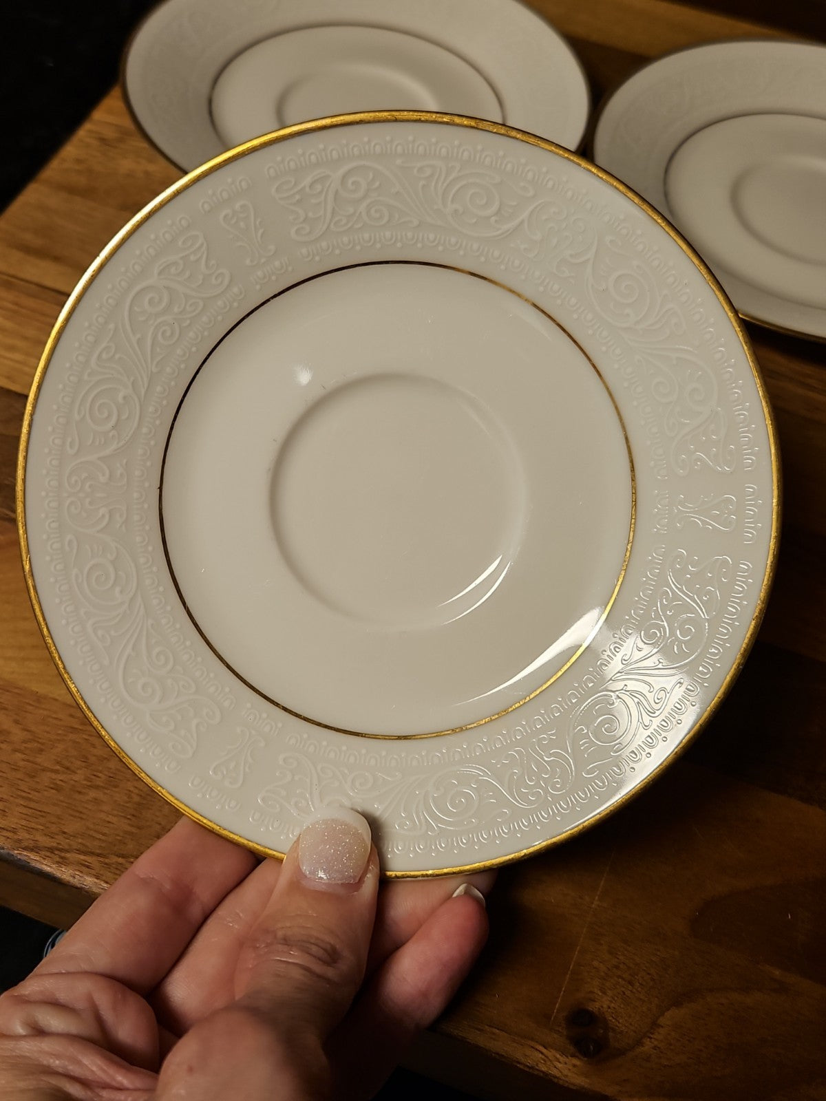 Set of 6 Vintage Noritake Ivory China Tulane 7562 6" Saucers White Scroll Gold