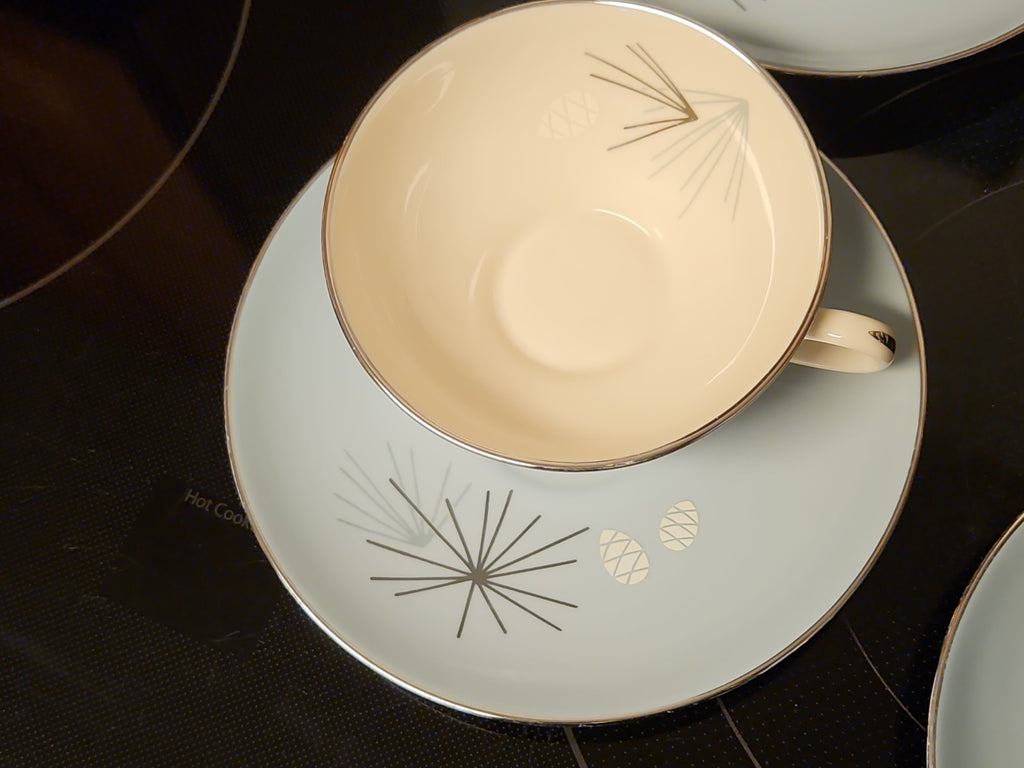 Set Of 4 Vintage MCM Franciscan Silver Pine Tea Cup & Saucer Sets Very Nice