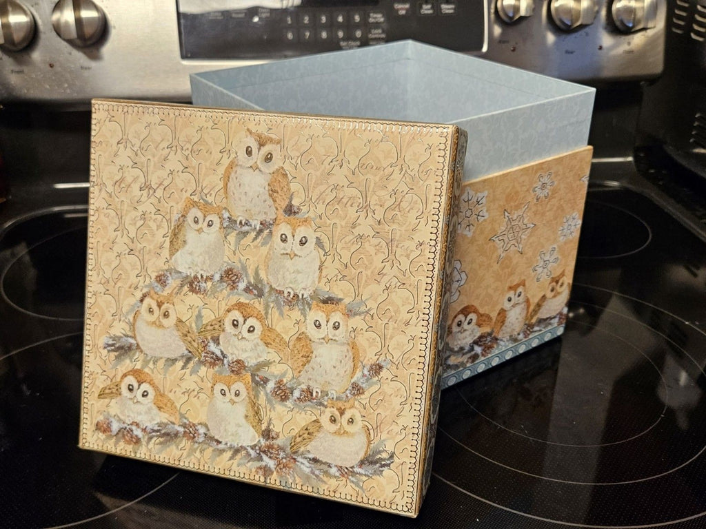 Elegant Storage Box Blue, Yellow, Silver Filigree Owl Print 9"x9"x5"