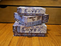 Elegant 3 Pc Nesting Storage Box Set Purple Fleur De Lis Love Laugh Happiness