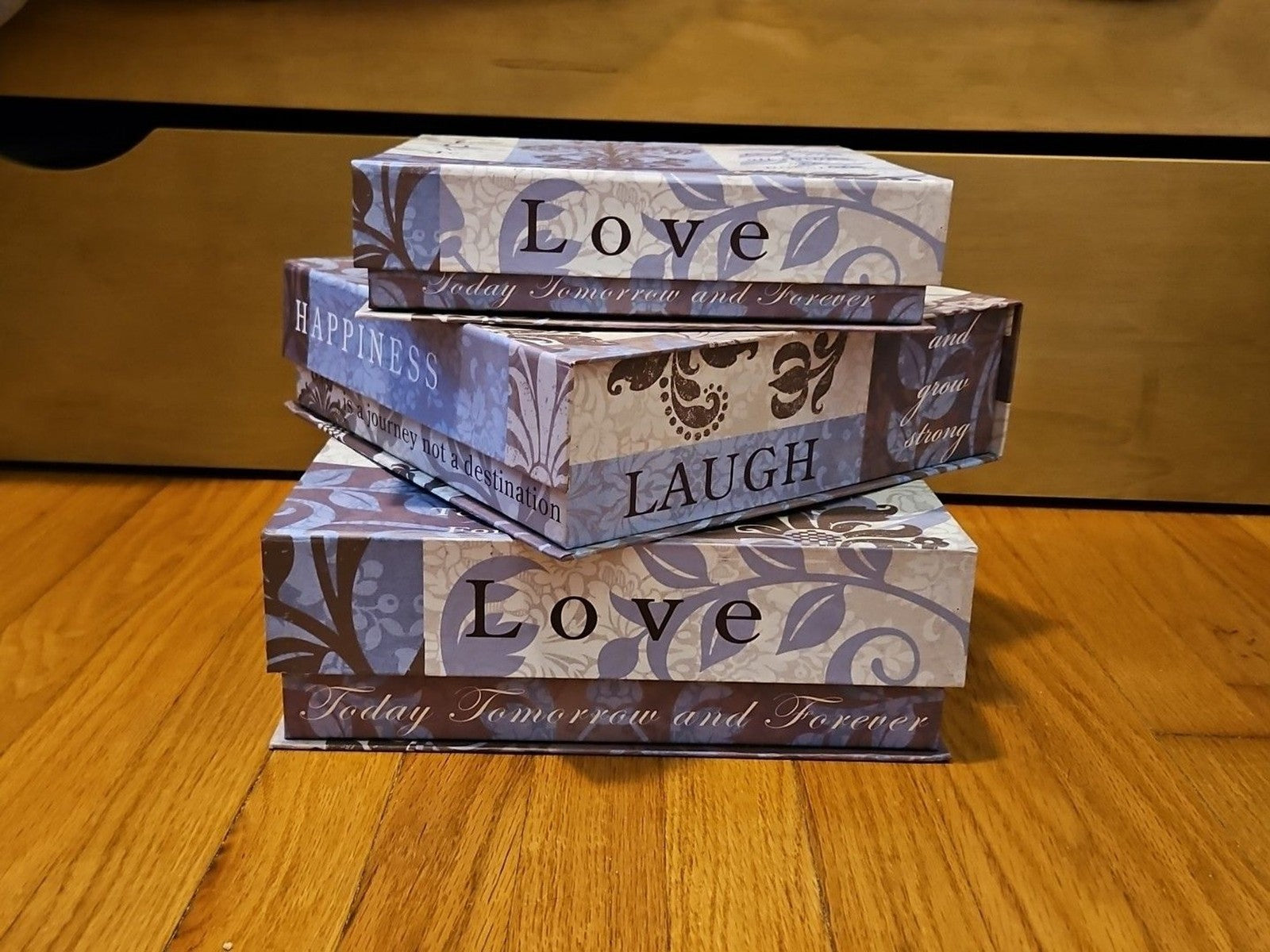 Elegant 3 Pc Nesting Storage Box Set Purple Fleur De Lis Love Laugh Happiness