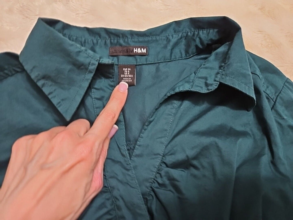 H & M Women's Side Tie Rouched Neck Blouse Size 4 Forest Green 3/4 Sleeve