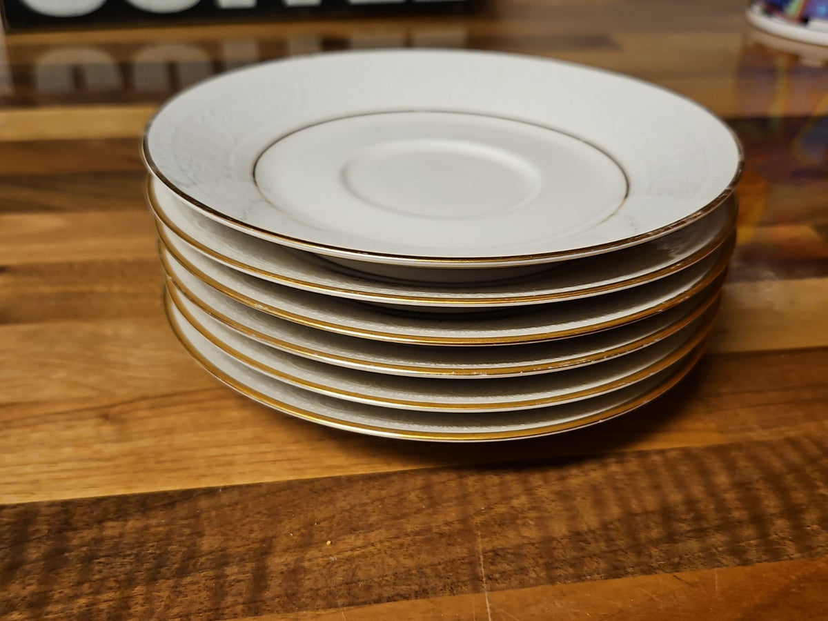 Set of 6 Vintage Noritake Ivory China Tulane 7562 6" Saucers White Scroll Gold
