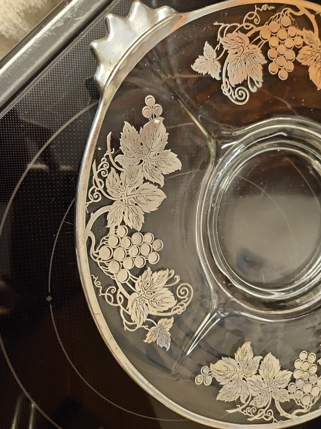 Vintage Glass Serving 11.5" Platter With Silver Grape Vine & Leaves Design