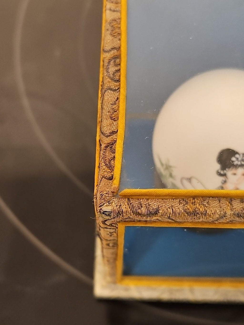 Vintage Chinese Art Hand Painted Egg Shell Woman With Fan Encased In Box 3"x5"
