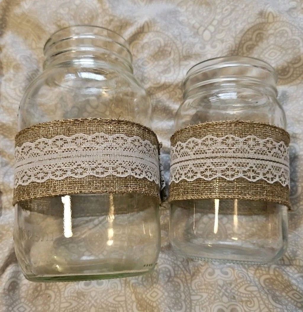Rustic Country Chic Burlap & Lace Glass Bottle & 2 Mason Jar Decor Set