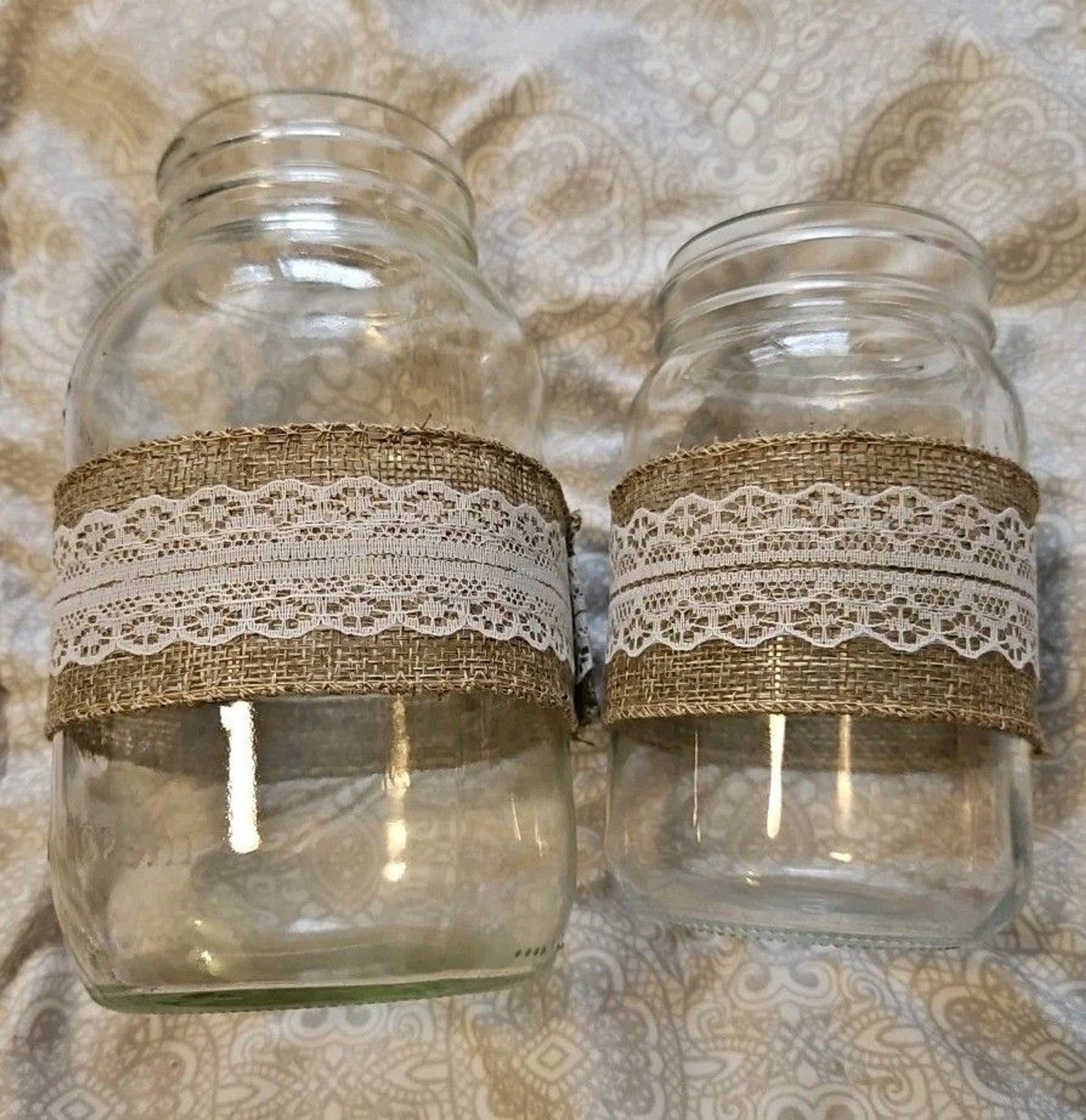 Rustic Country Chic Burlap & Lace Glass Bottle & 2 Mason Jar Decor Set