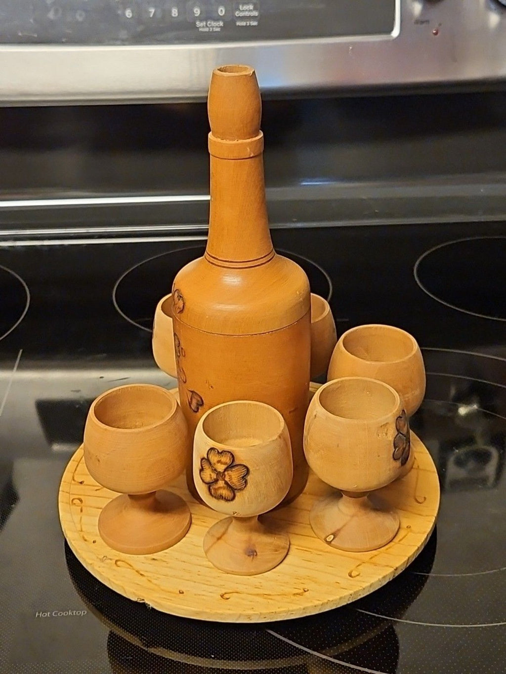 Vintage Burnt Wooden Pyrography Folk Art Decanter w\ Small Platter and 6 Goblets
