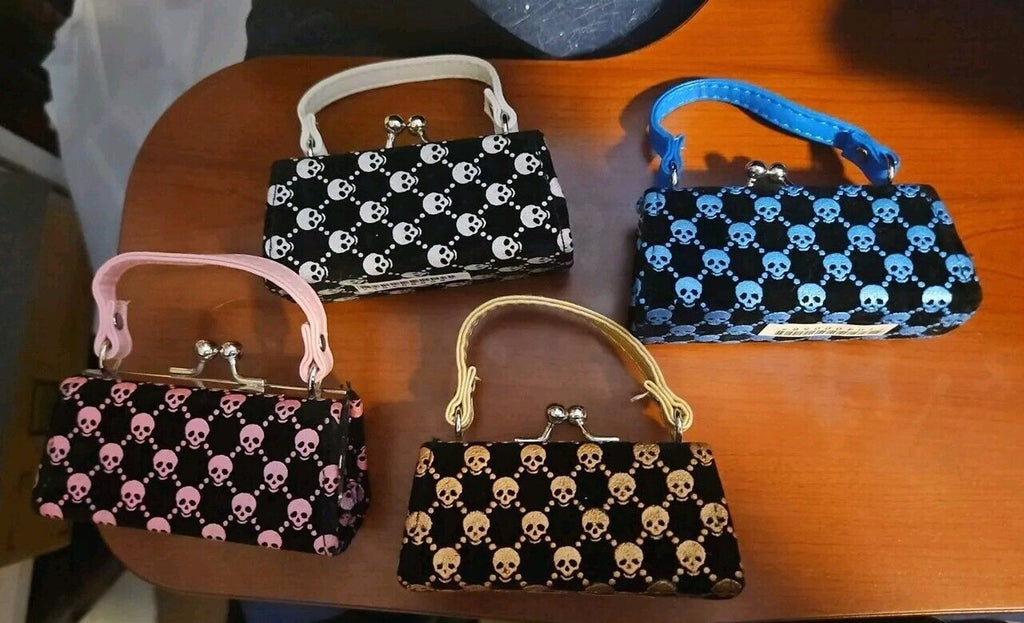 Lot Of 4 Mini Purse Skulls lipstick cases - Coin Holders Pink/Blue/White/Gold