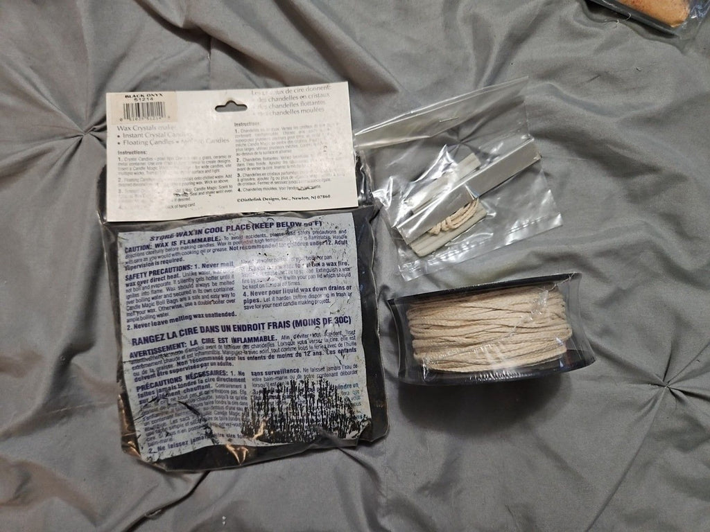 LOT OF CANDLE MAKING SUPPLIES - 4 MOLDS, CANDLE STICKERS, WICK, WAX NEW & USED