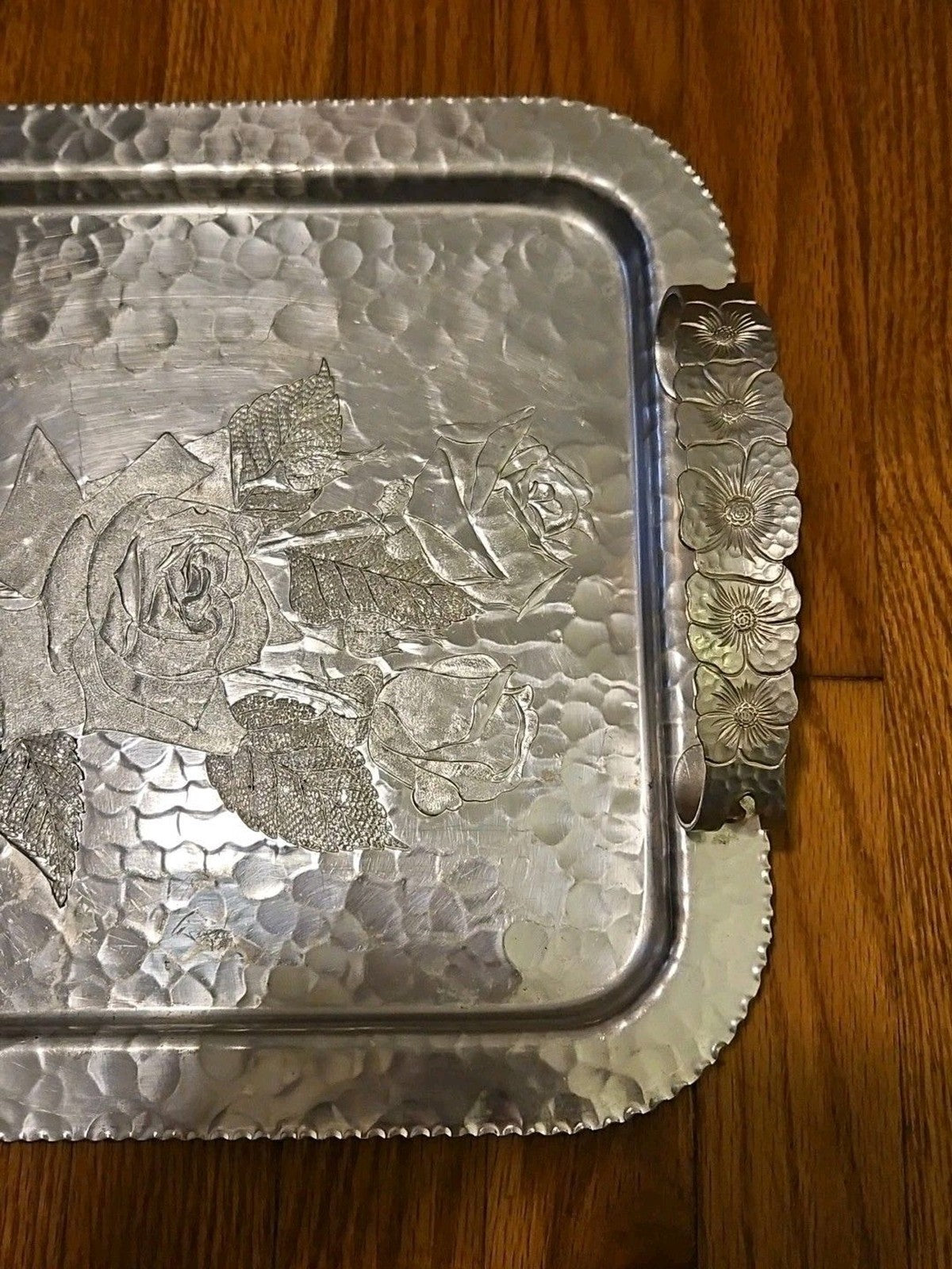 VINTAGE CONTINENTAL SILVER CO WILD ROSE BRILLIANTONE #1023 HAMMERED SERVING TRAY