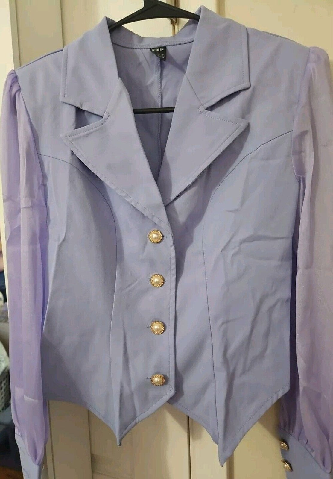 Womens Lavender Cropped Blazer XS Flared Neck Sheer Sleves Pearl Buttons NIP