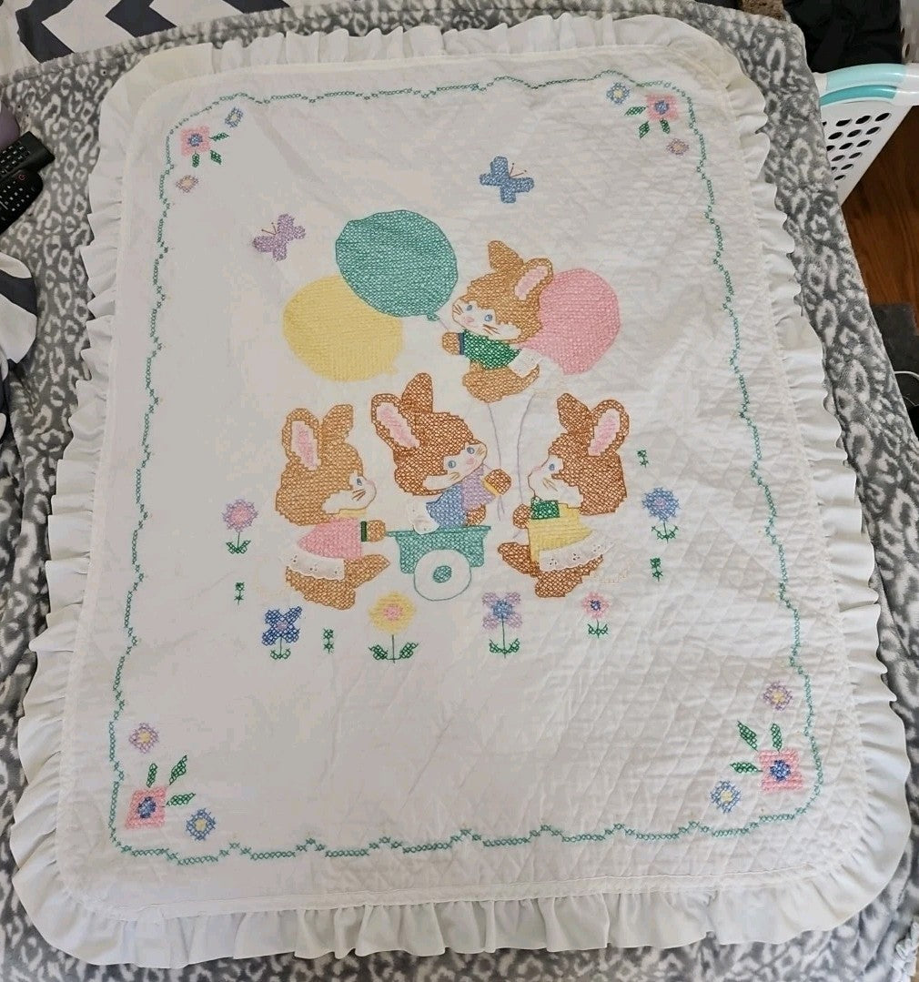 Handmade Baby Blanket Embroidered Cross Stitch Bunnies Ruffled Edge 42" X 33"