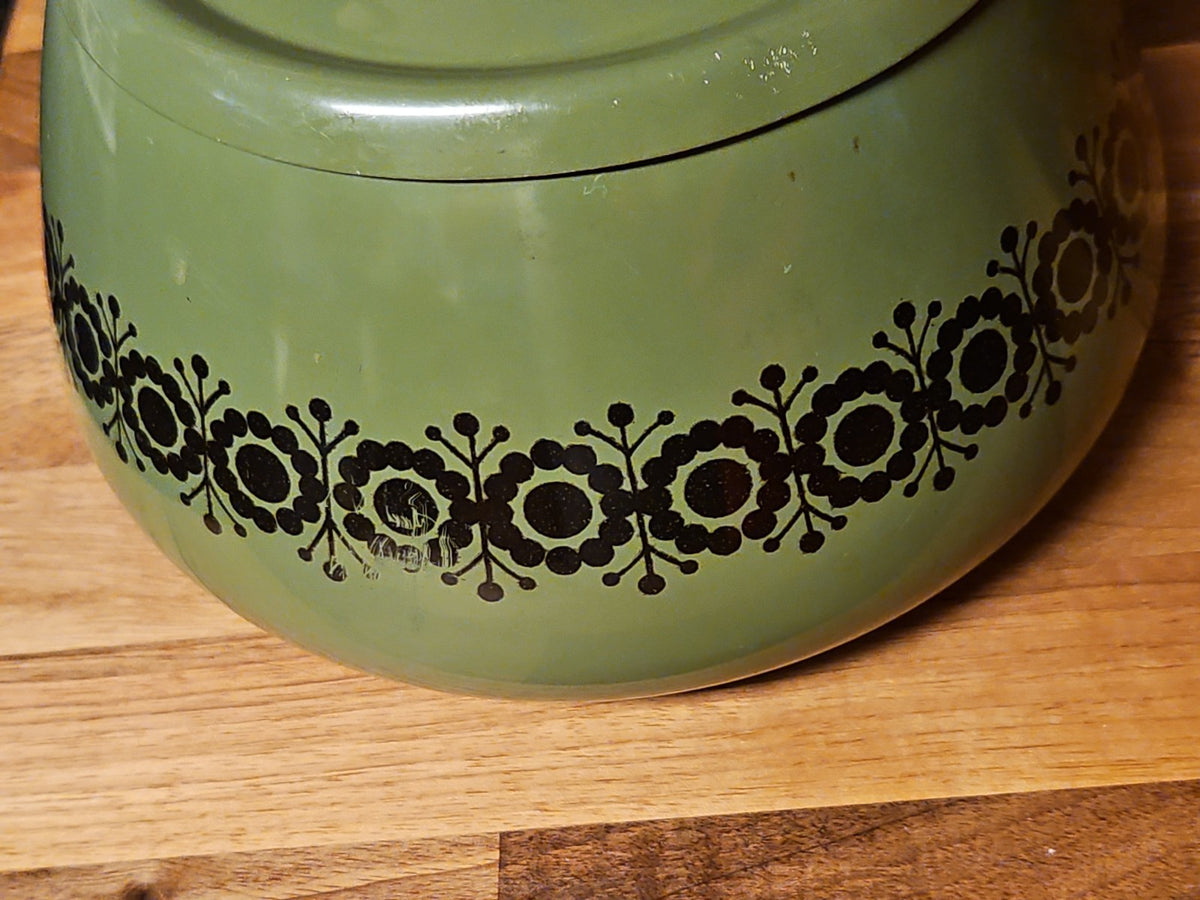 Vintage Green Enamel Fondue Pot Saucepan Floral MCM Boho Wood Handle 1970s