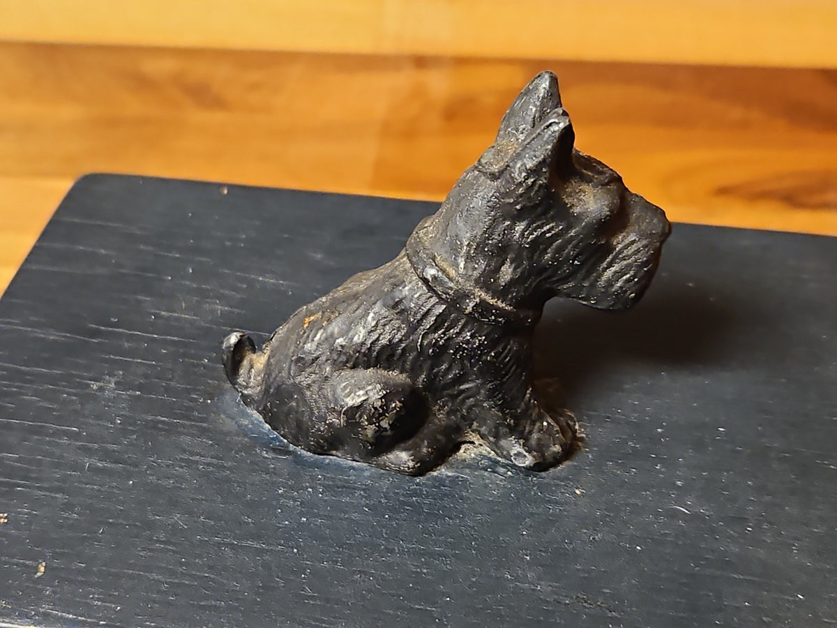 Vintage Art Deco Black Metal Scottie Dog On Wooden Trinket Box 1930s 5.75"×4.25"