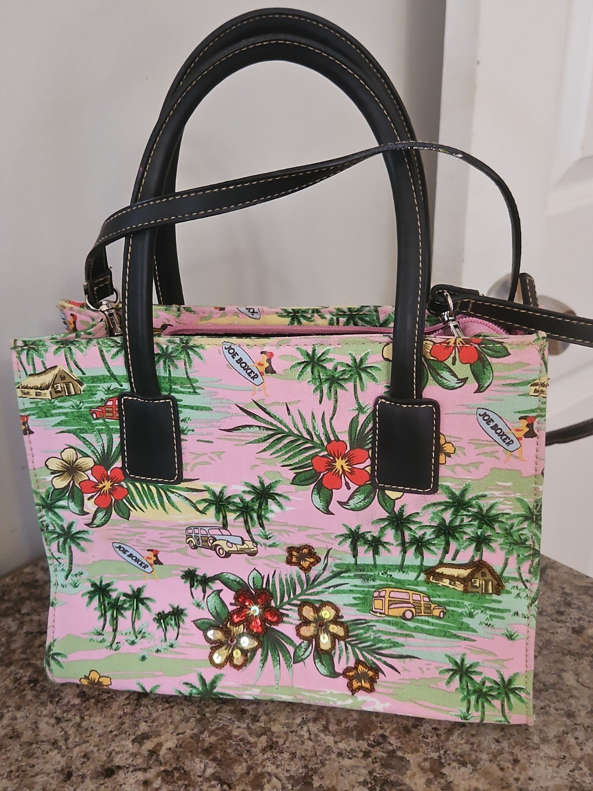 Vintage Y2K Joe Boxer Hawaiian Beaded Canvas Handbag Purse Pink Tropical Print