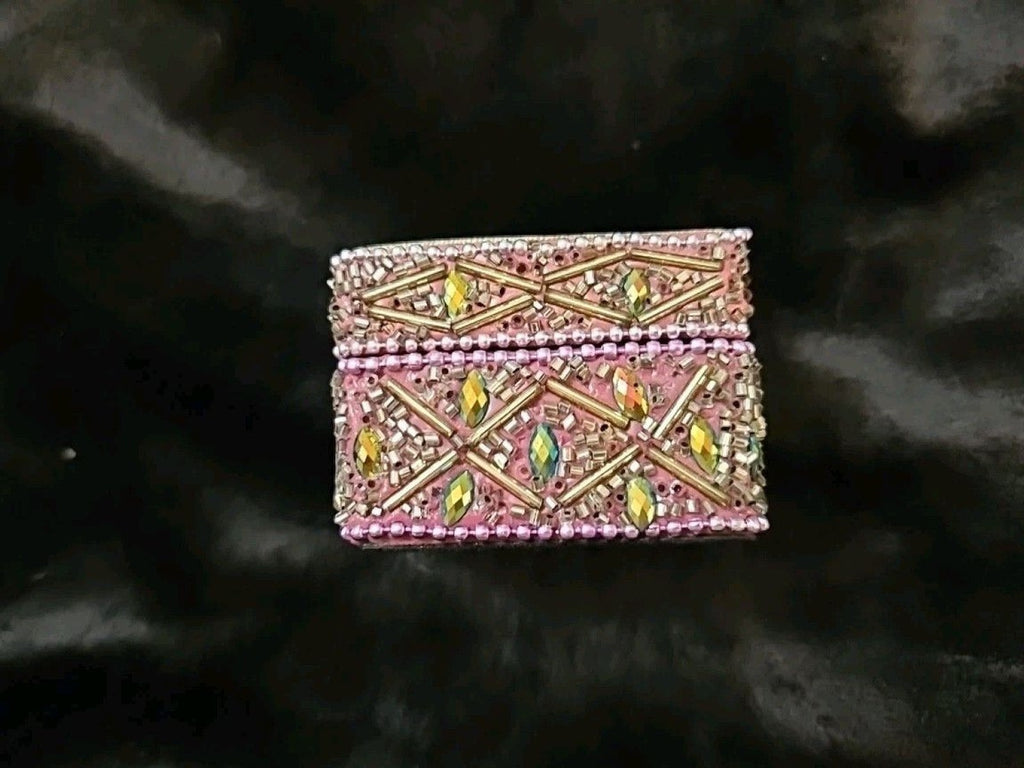 Cute Vintage Look Painted Beaded Trinket  Box With Cat Image And Wooden Inside