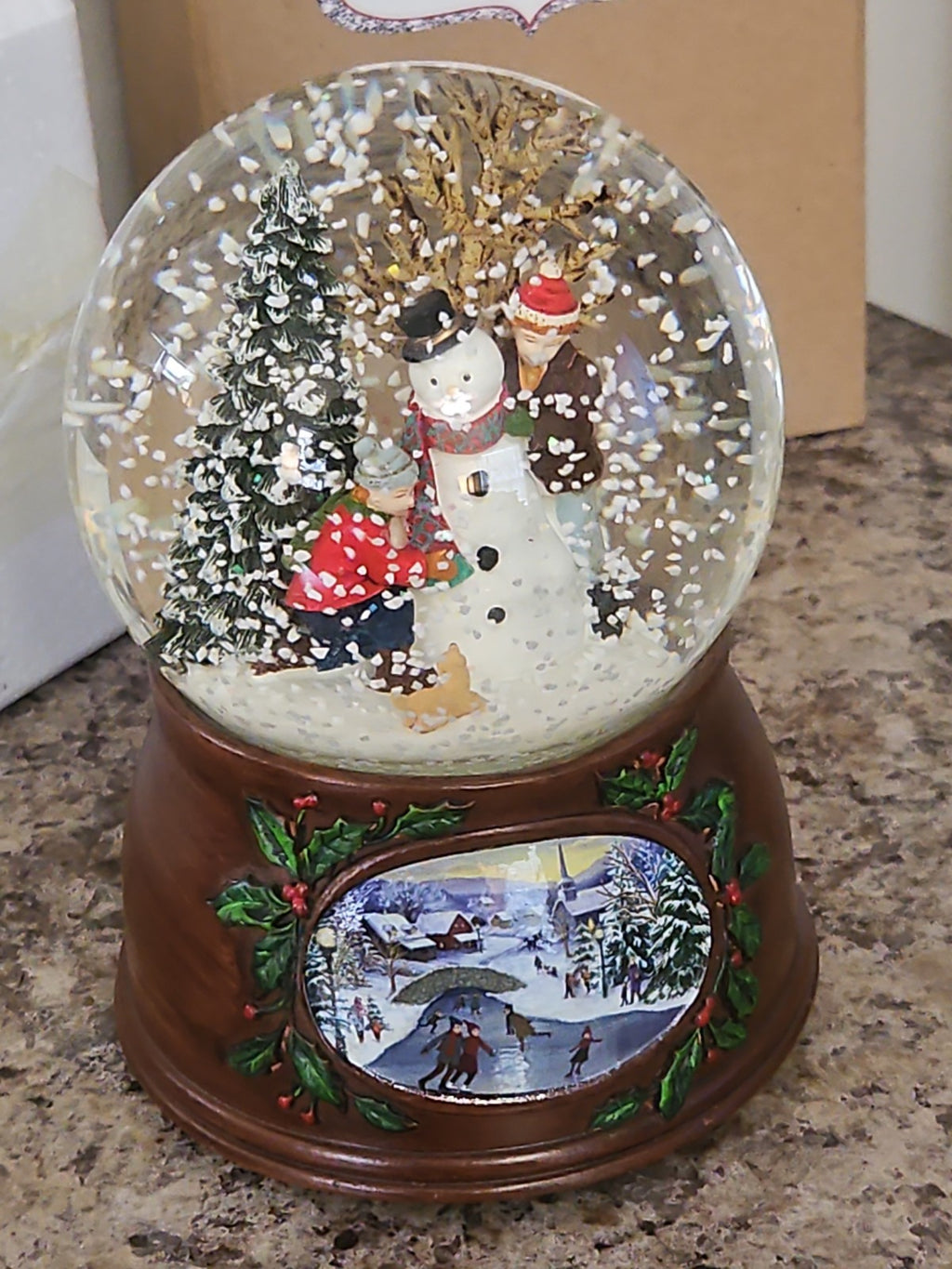 Musical Roman Snow Globe Snowman Scene  Plays We Wish You a Merry Christmas