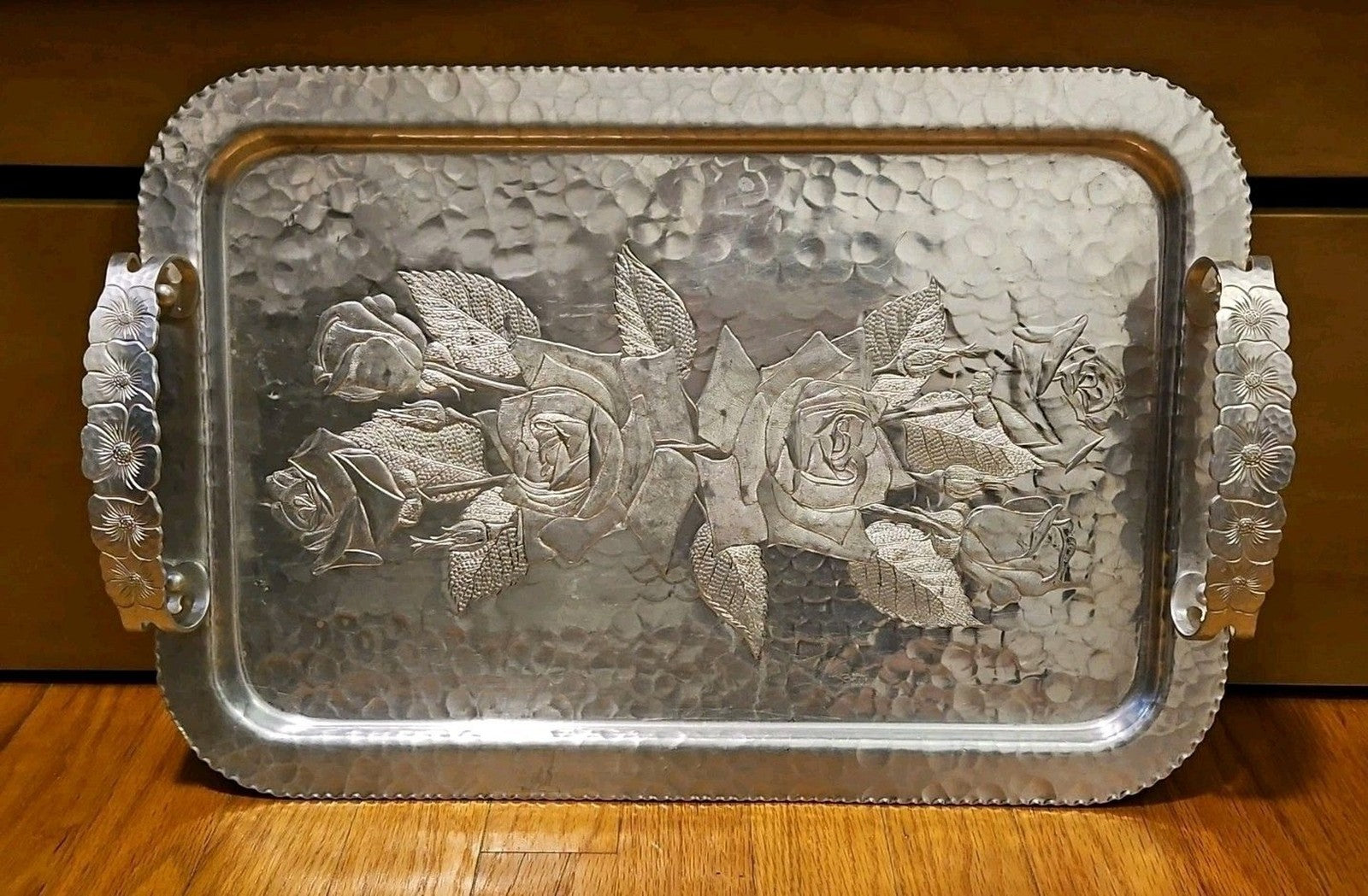 VINTAGE CONTINENTAL SILVER CO WILD ROSE BRILLIANTONE #1023 HAMMERED SERVING TRAY