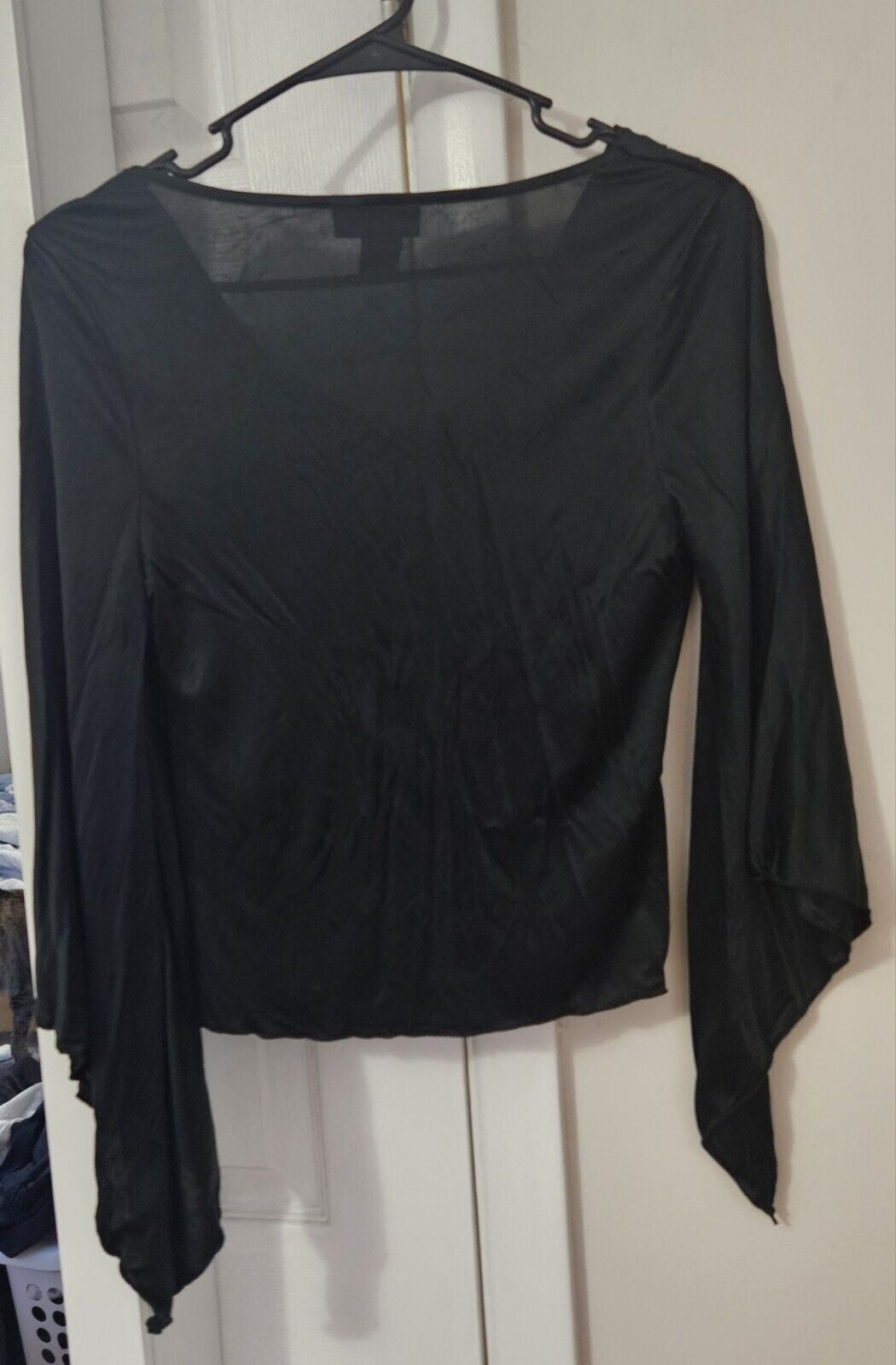Express Womens Satin Draped Neck Long Angled Sleeve Blouse Black X Small