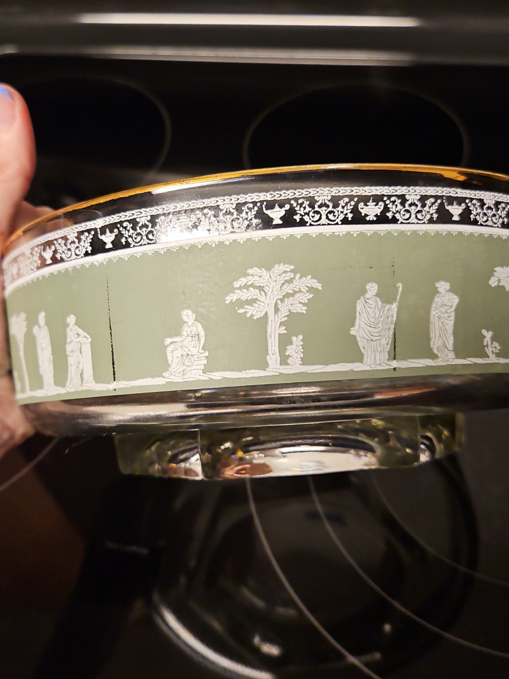 Vintage MCM Jeannette Glass Hellenic Green Grecian Serving Bowl With 5 Tumblers