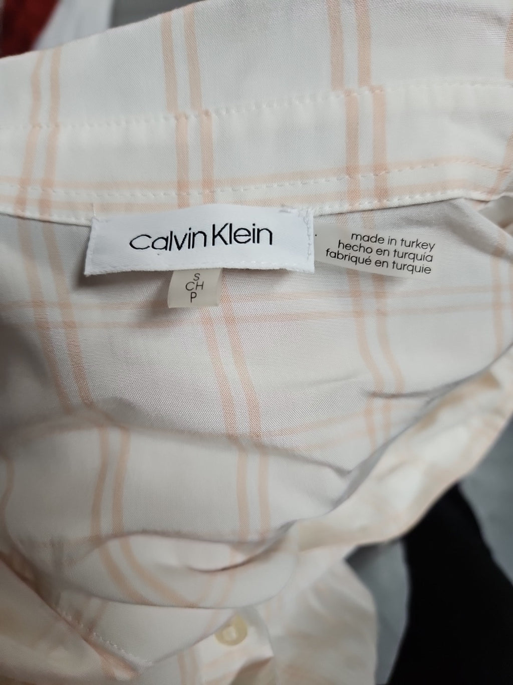 Calvin Klein Long Sleeve Roll Tab Peach & White Plaid Button Down Shirt - Sz S