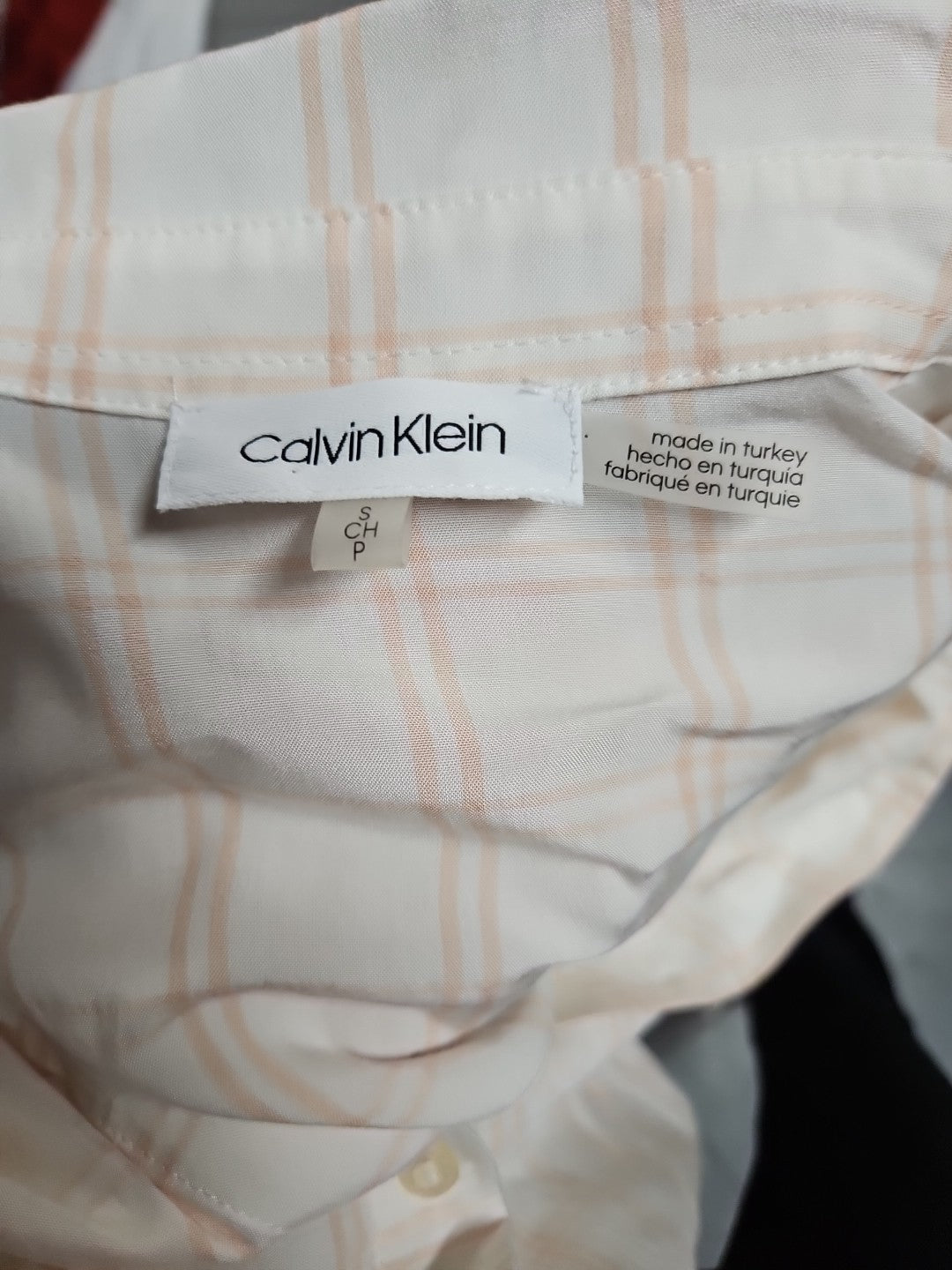 Calvin Klein Long Sleeve Roll Tab Peach & White Plaid Button Down Shirt - Sz S