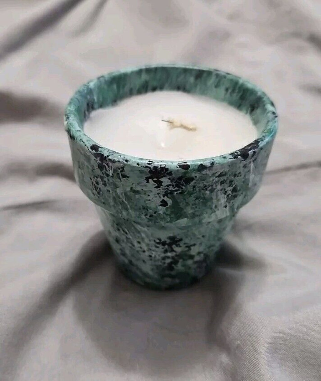 Cute Artistic Decor Candle In Green & Black Wash Clay Pot 3in X 3in
