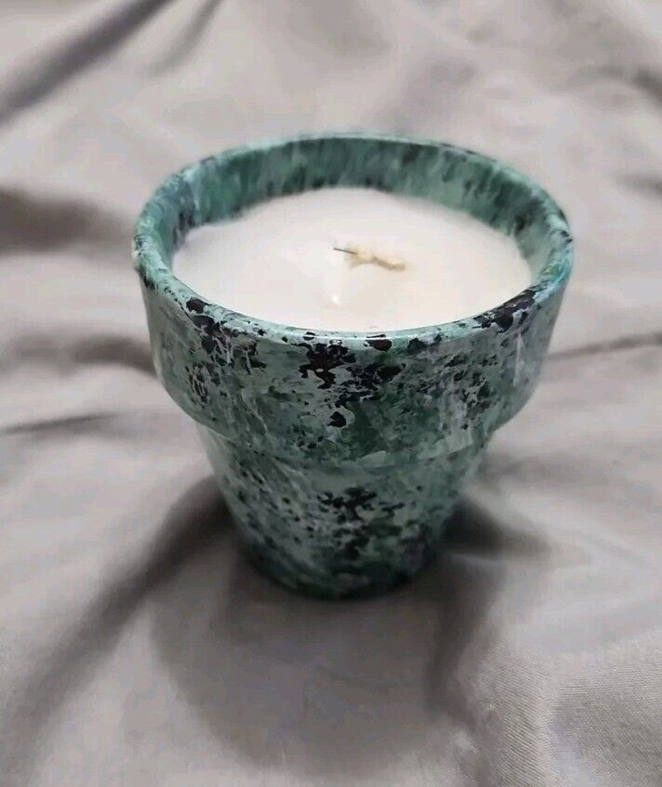 Cute Artistic Decor Candle In Green & Black Wash Clay Pot 3in X 3in