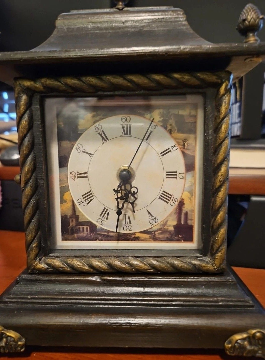 Three Hands Corp Ornate Shelf Clock Brown and Brass Interior Key Holder WORKS