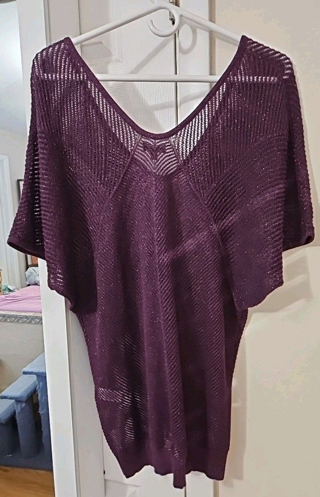 Express Womens Sz M Purple Metallic Hollow Knit V-Neck Long Sweater Tunic