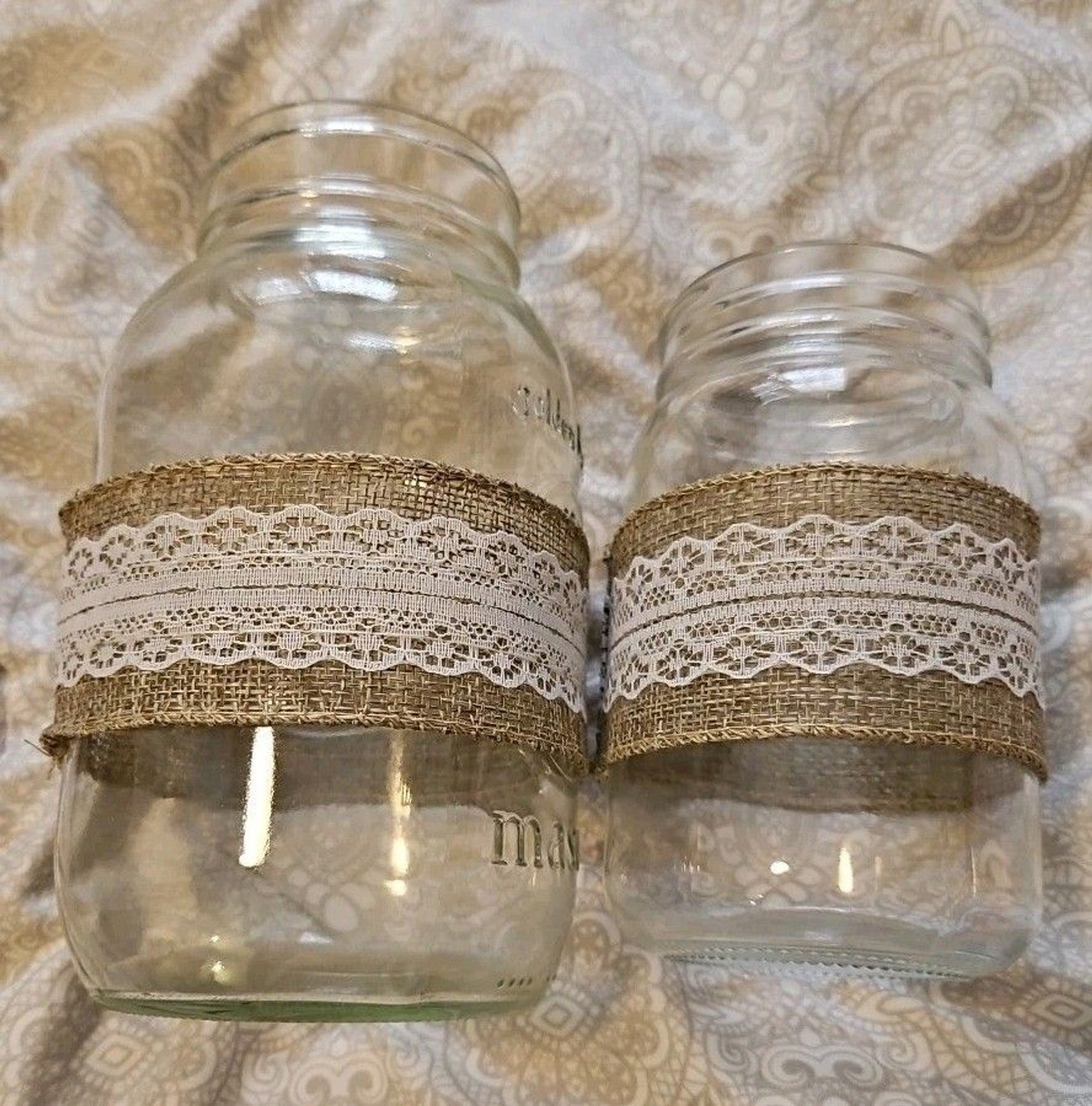 Rustic Country Chic Burlap & Lace Glass Bottle & 2 Mason Jar Decor Set