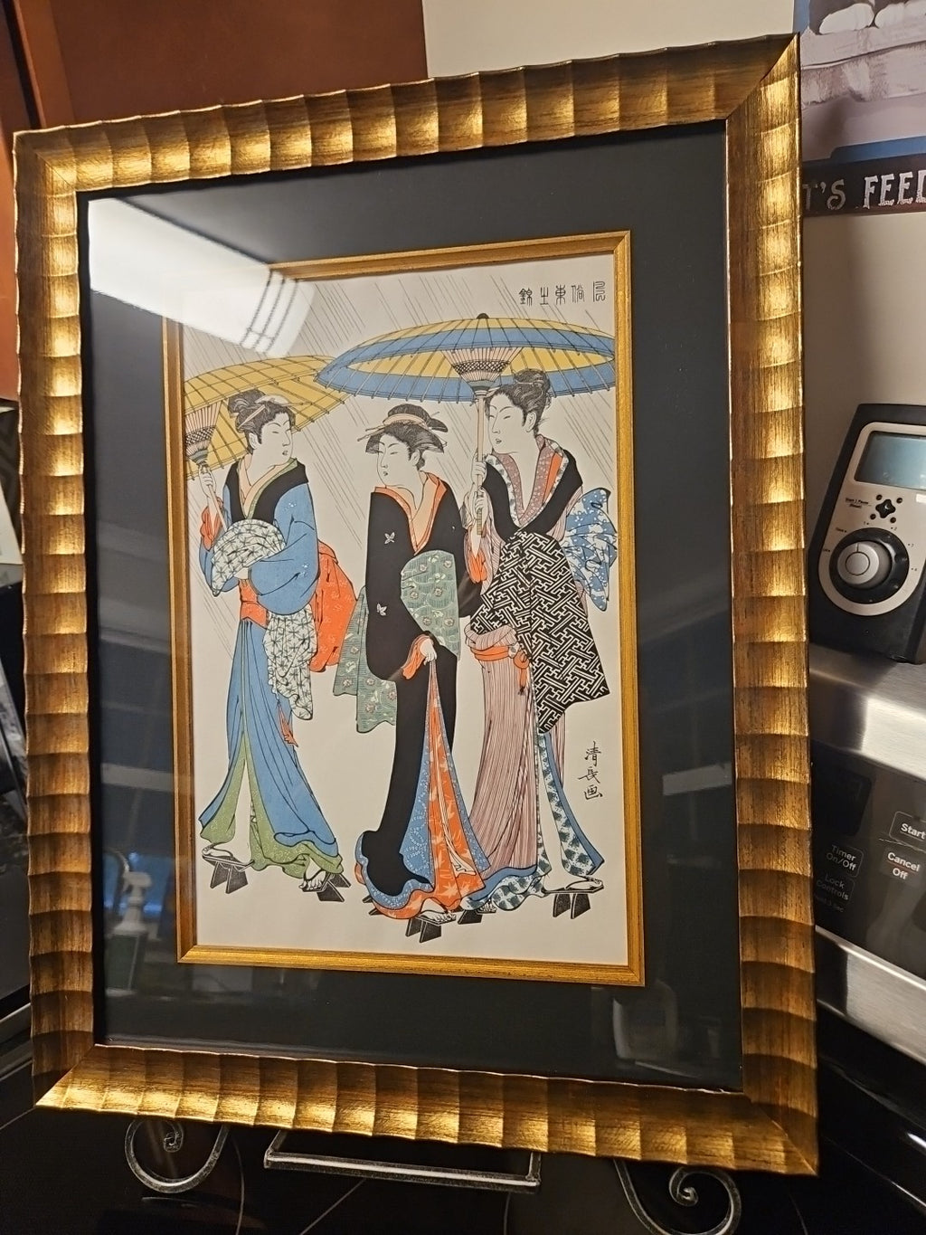 Framed Matted Japanese Woodblock Print Torii Kiyonaga Three Beauties in The Rain