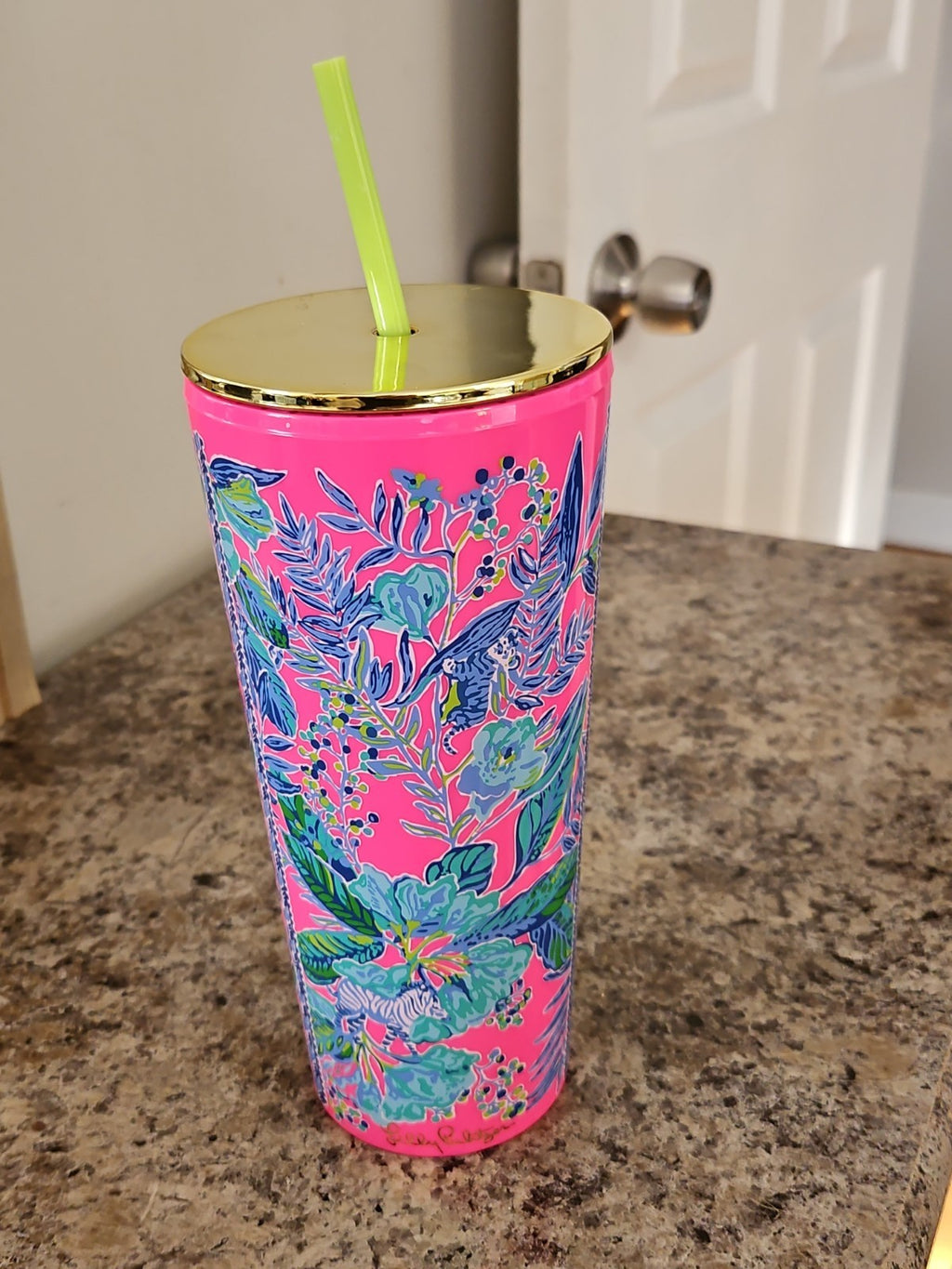 Lilly Pulitzer Tumbler With Straw Lil Earned Stripes Zebra Pink 24 oz. EUC