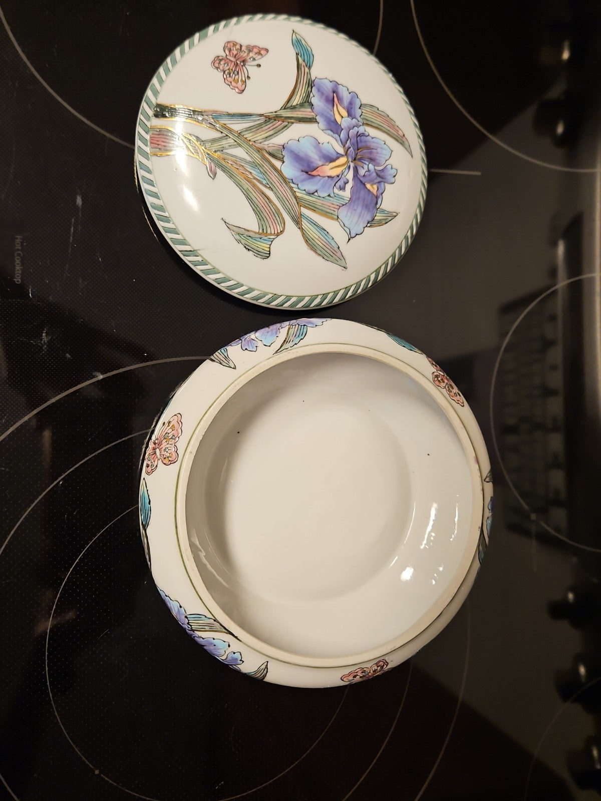 Vintage Andrea by Sadek 7" Round Trinket Box Iris & Butterflies W Gold Detail
