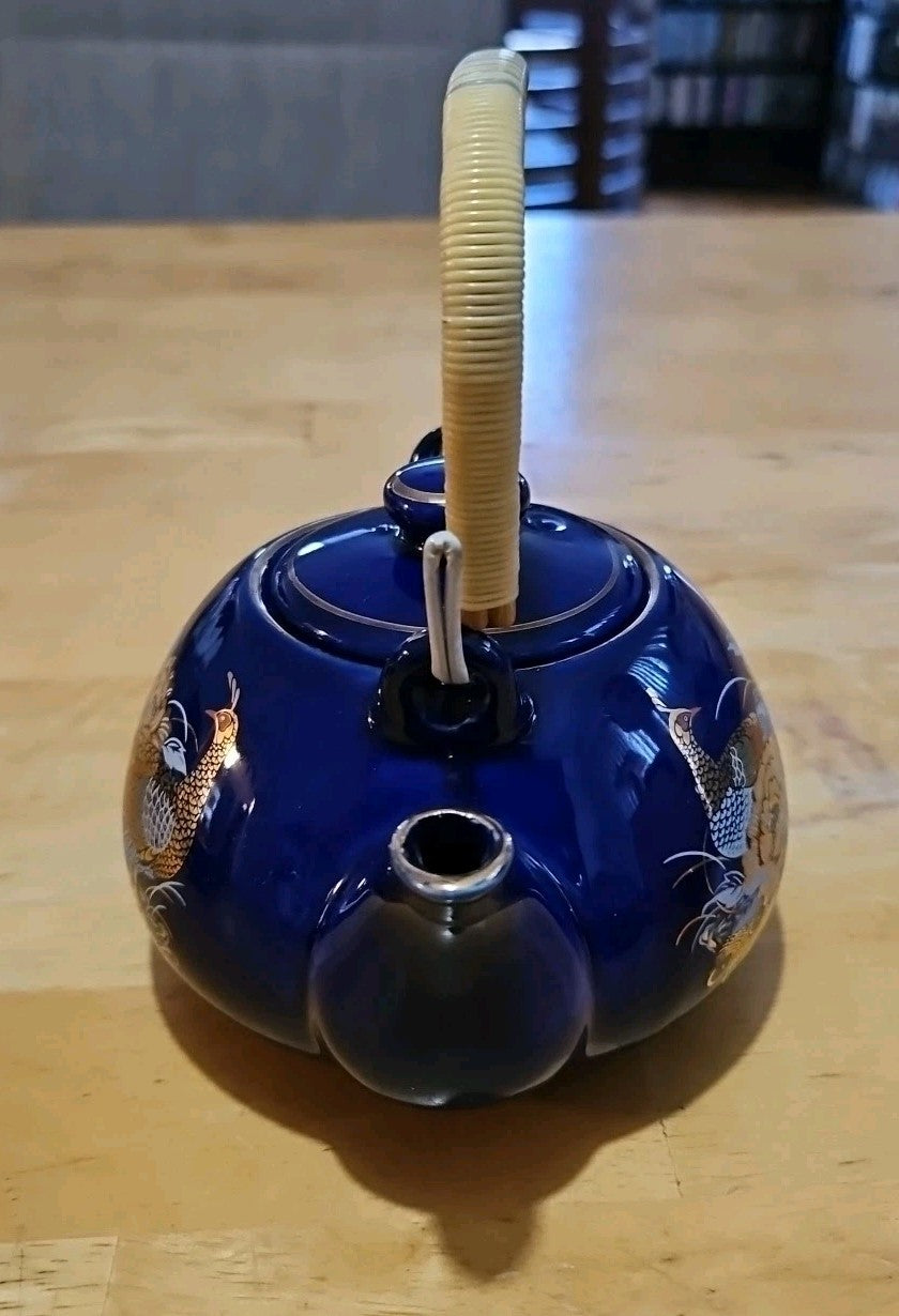 Vintage Japanese Cobalt Blue Tea Set With Gold Peacock Design - Teapot W/ 4 Cups