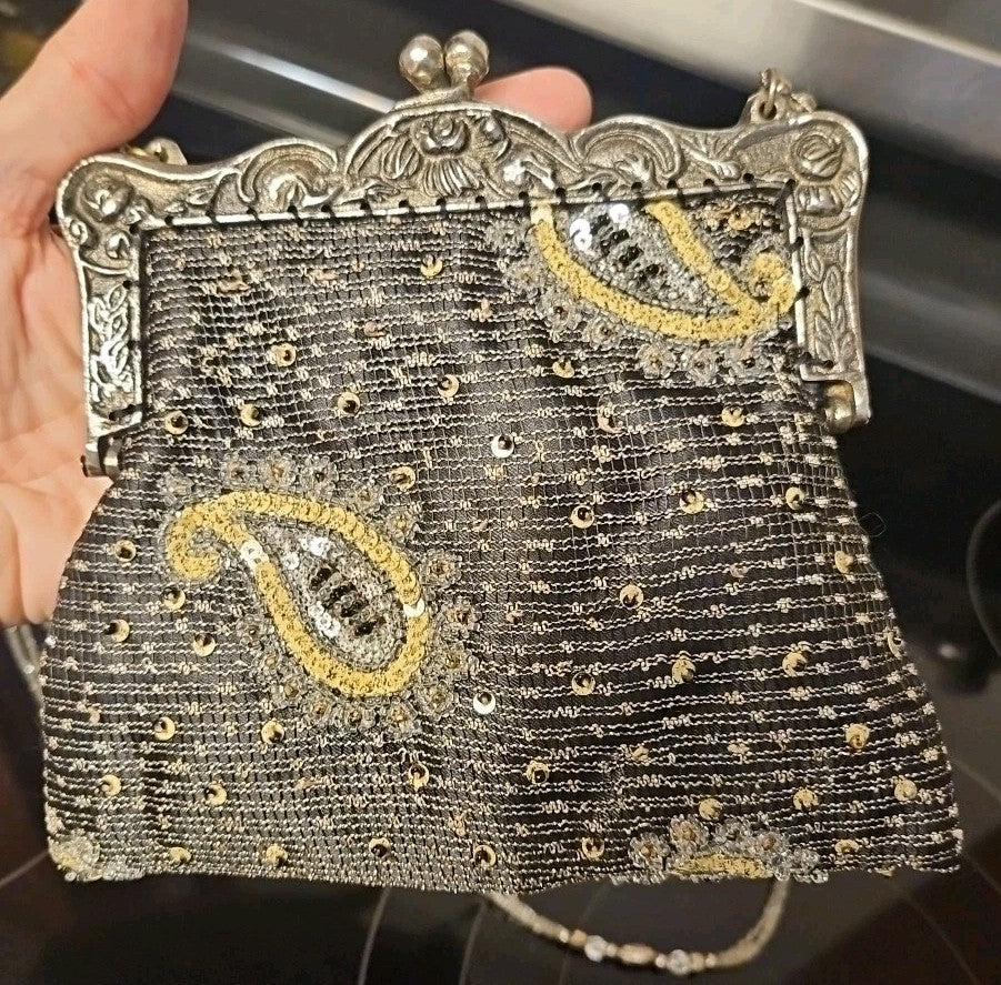 Vintage Christiana Art Nouveau Black Beaded Clutch Purse Silver Floral Detail