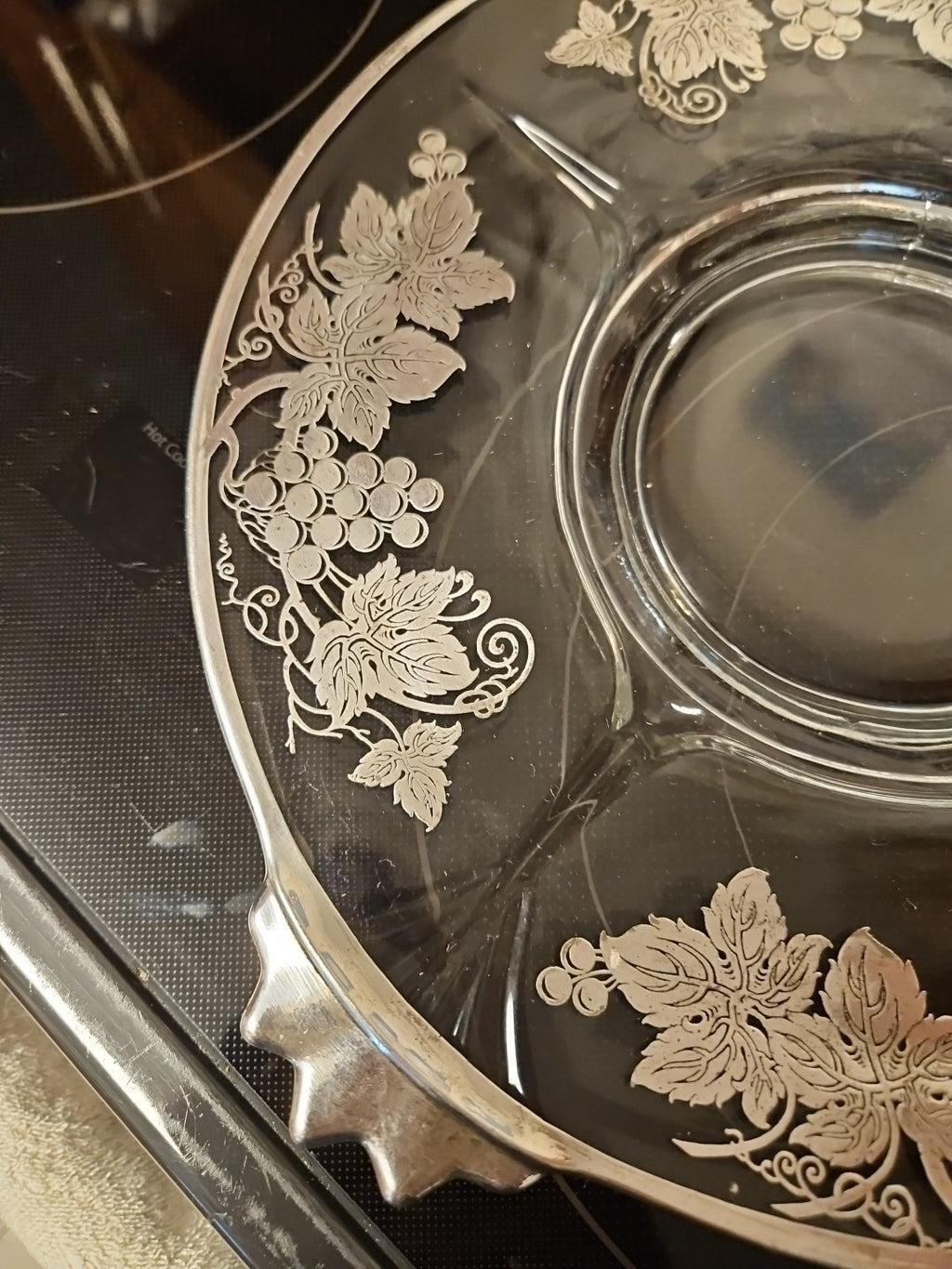 Vintage Glass Serving 11.5" Platter With Silver Grape Vine & Leaves Design