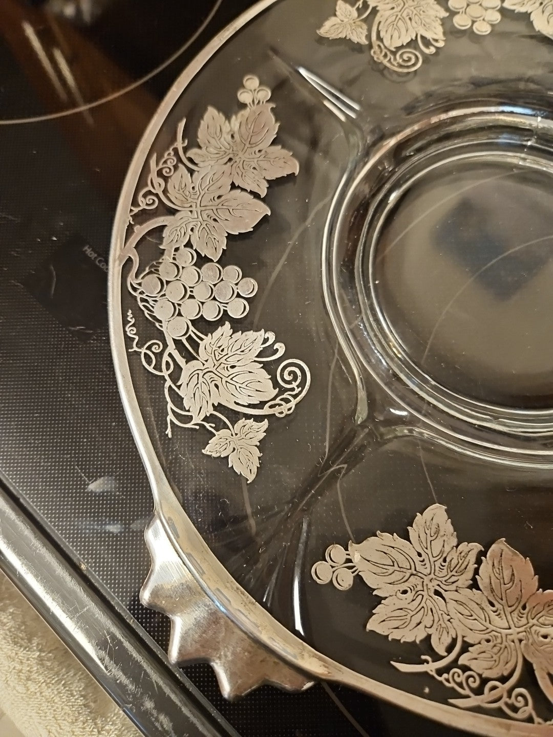 Vintage Glass Serving 11.5" Platter With Silver Grape Vine & Leaves Design