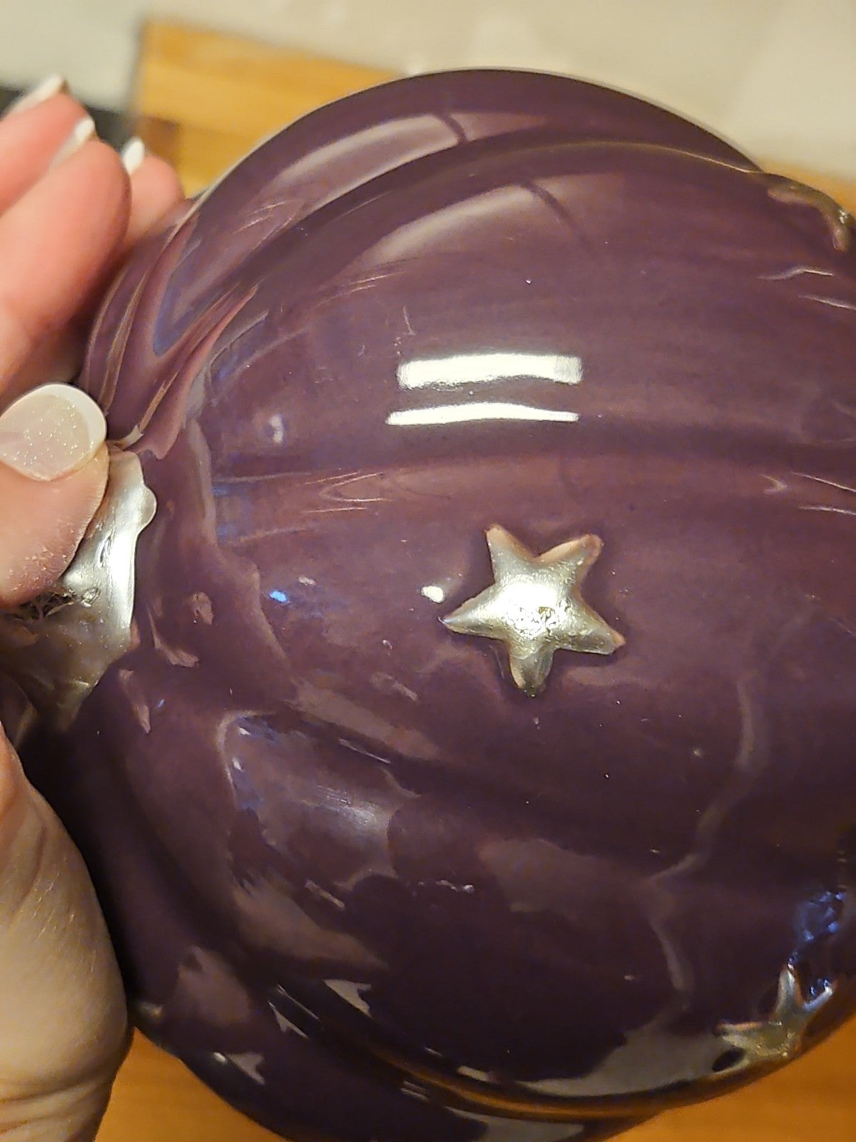 Purple & Silver Celestial Ceramic Pumpkin Goth Halloween Fall Decor 6.5" EUC